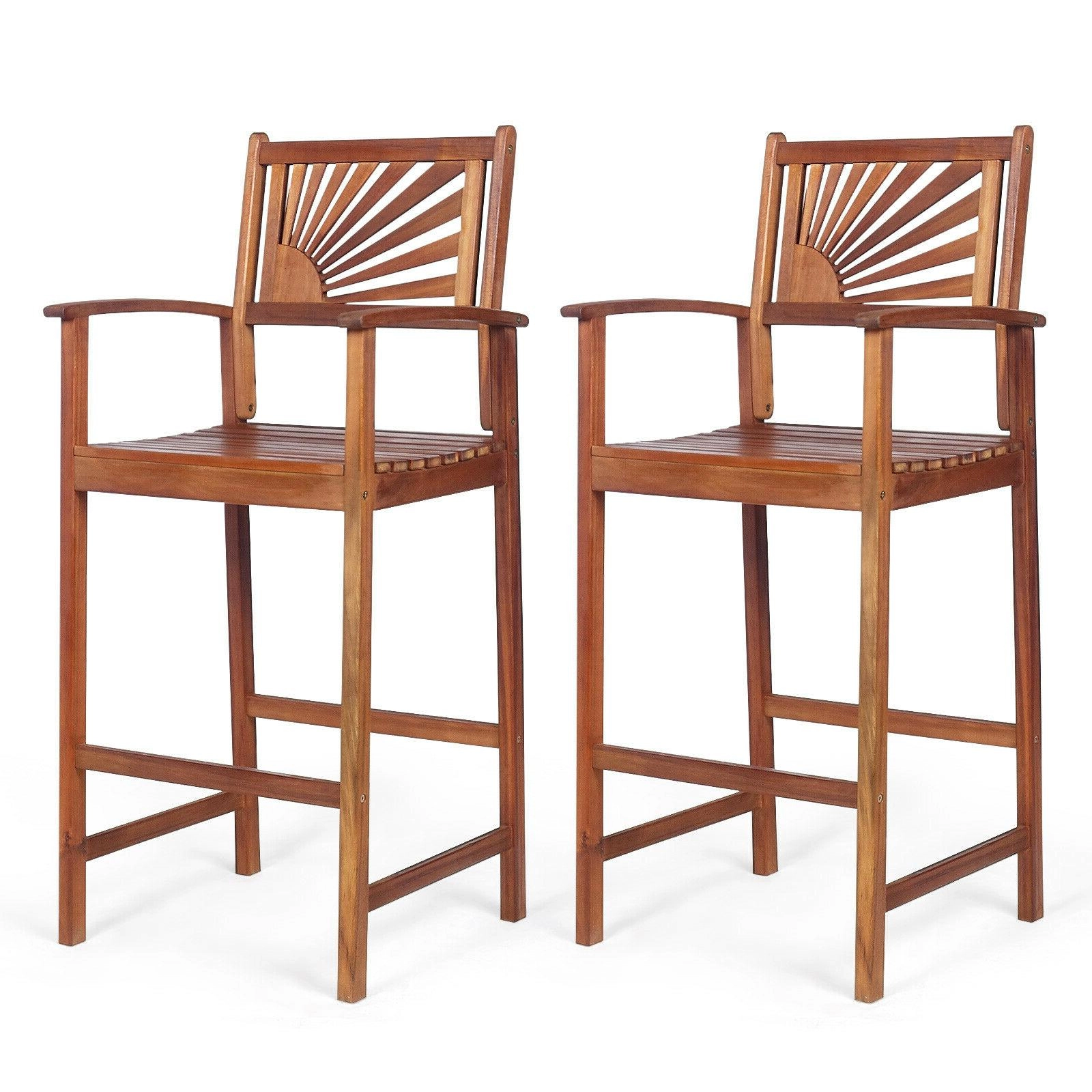 LJG 2 Pieces Outdoor Acacia Wood Bar Chairs with Sunflower Backrest and Armrests