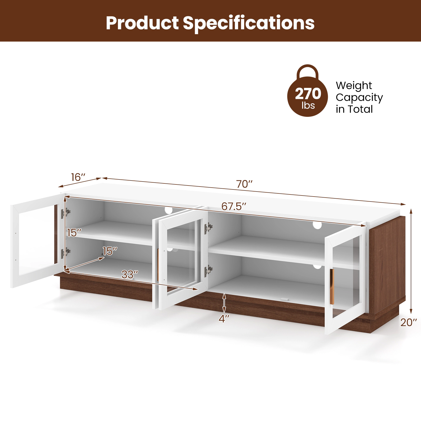 Glintex 70-Inch TV Stand with 4 Glass Doors for TVs up to 75 Inches, Brown + White
