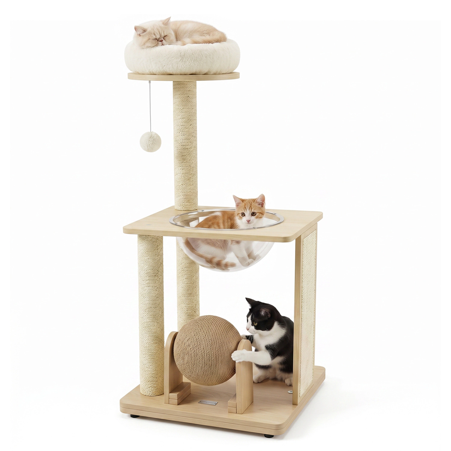 LJG 40" Solid Wood Cat Tree with Space Capsule & Sisal Posts and Scratching Board