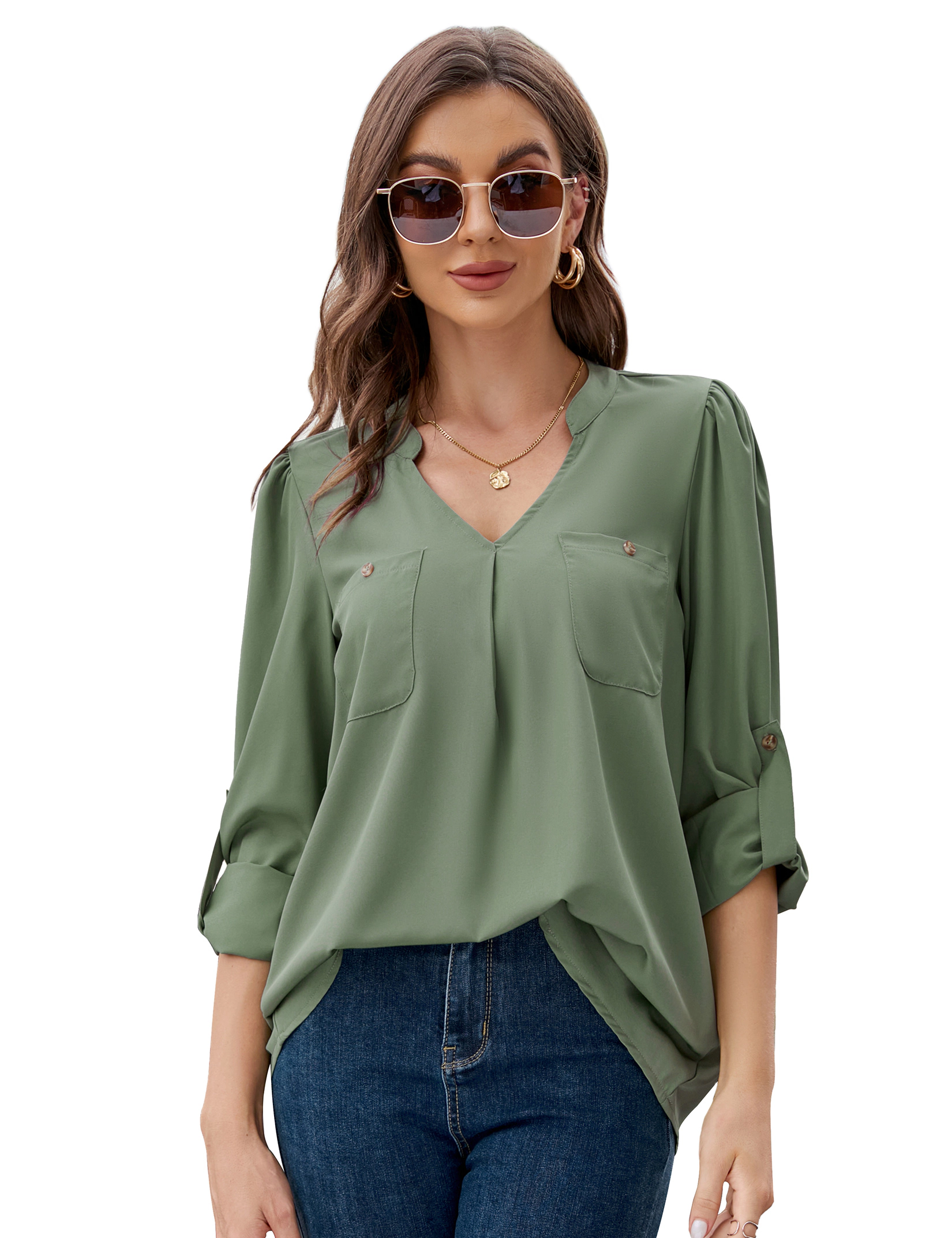 KOJOOIN Women's Chiffon Blouse Split V Neck Roll Tab Long Sleeve Tunic Top Casual Office Business Shirt