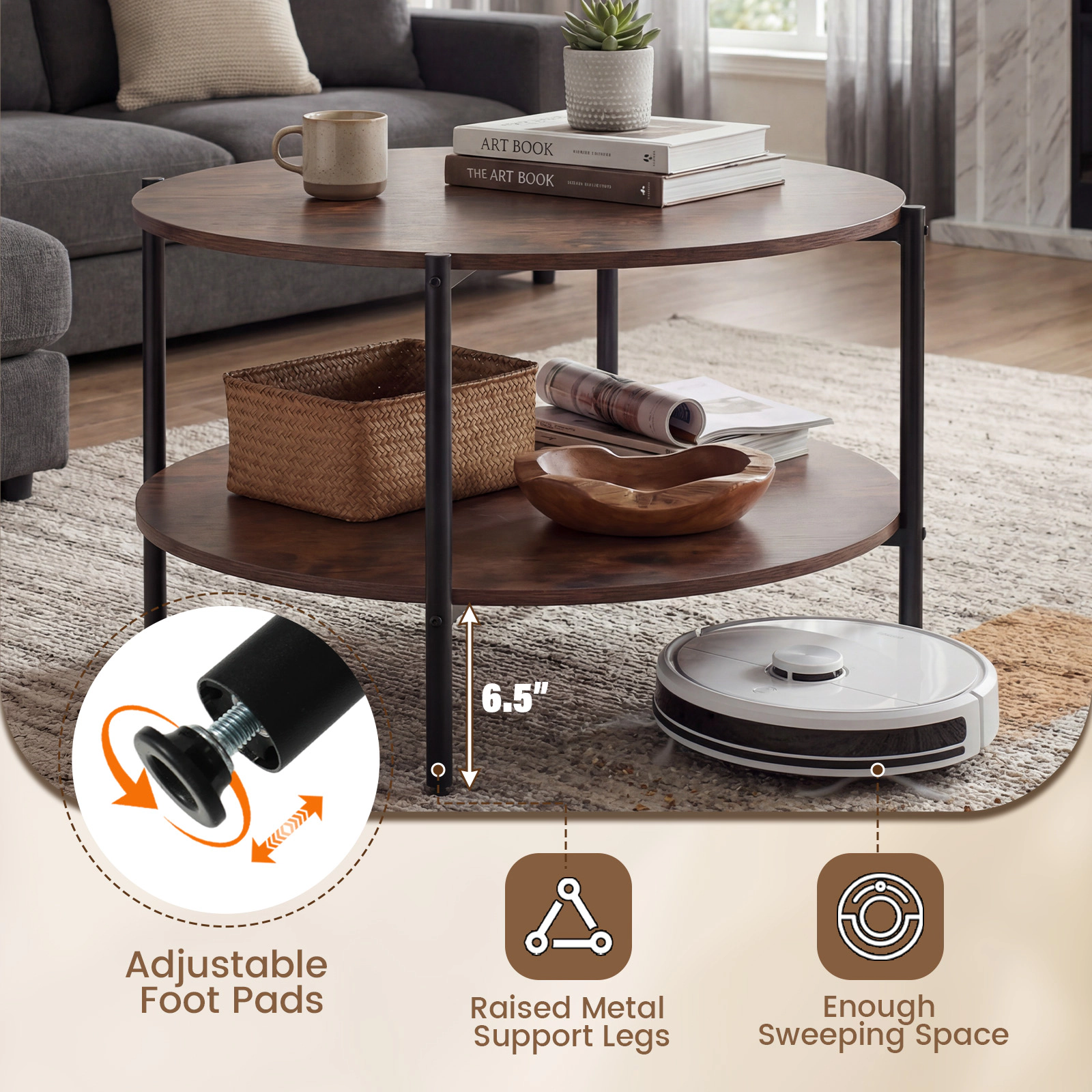 SUGIFT 2-Tier Round Coffee Table with Open Storage Shelf 200-lb Capacity Engineered Wood and Metal Rustic Brown