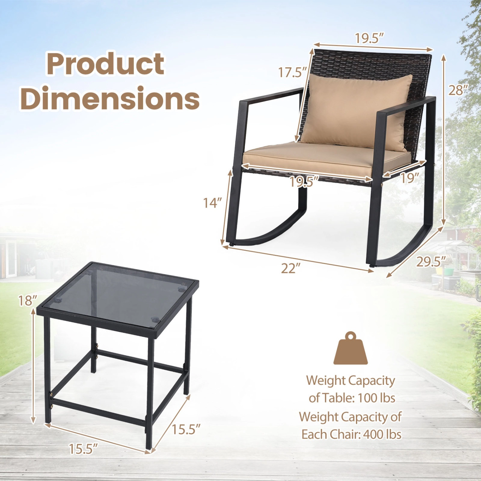 SUGIFT 3-Piece Black Outdoor Rocking Bistro Set with Cushioned Chairs and Glass Table