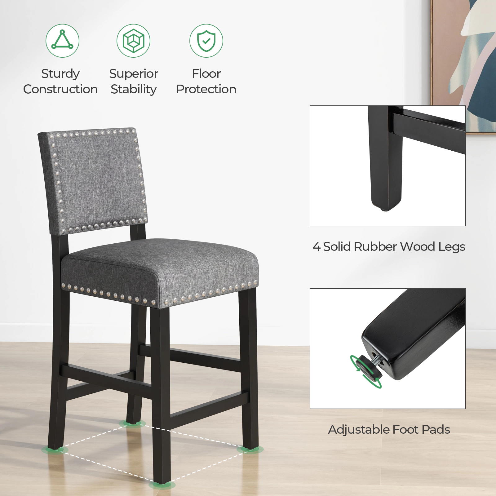LJG 38.5/43.5 Inch Set of 2 Counter Height Chairs with Solid Rubber Wood Frame-S