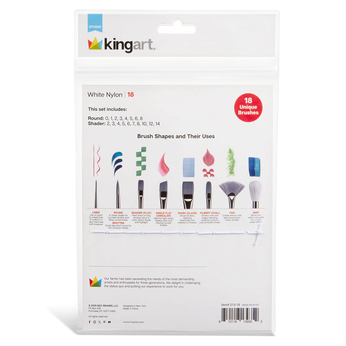 KINGART Studio Mixed Media White Nylon Brush Set - 18 pc