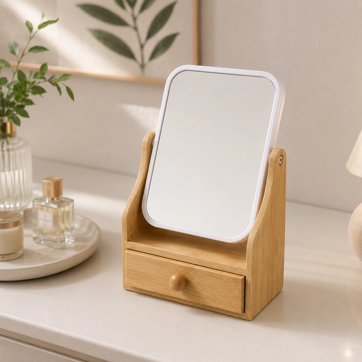 Pursonic Women's Dual-Sided Vanity Mirror with 1X & 3X Magnification, 360° Swivel Design & Bamboo Drawer Base