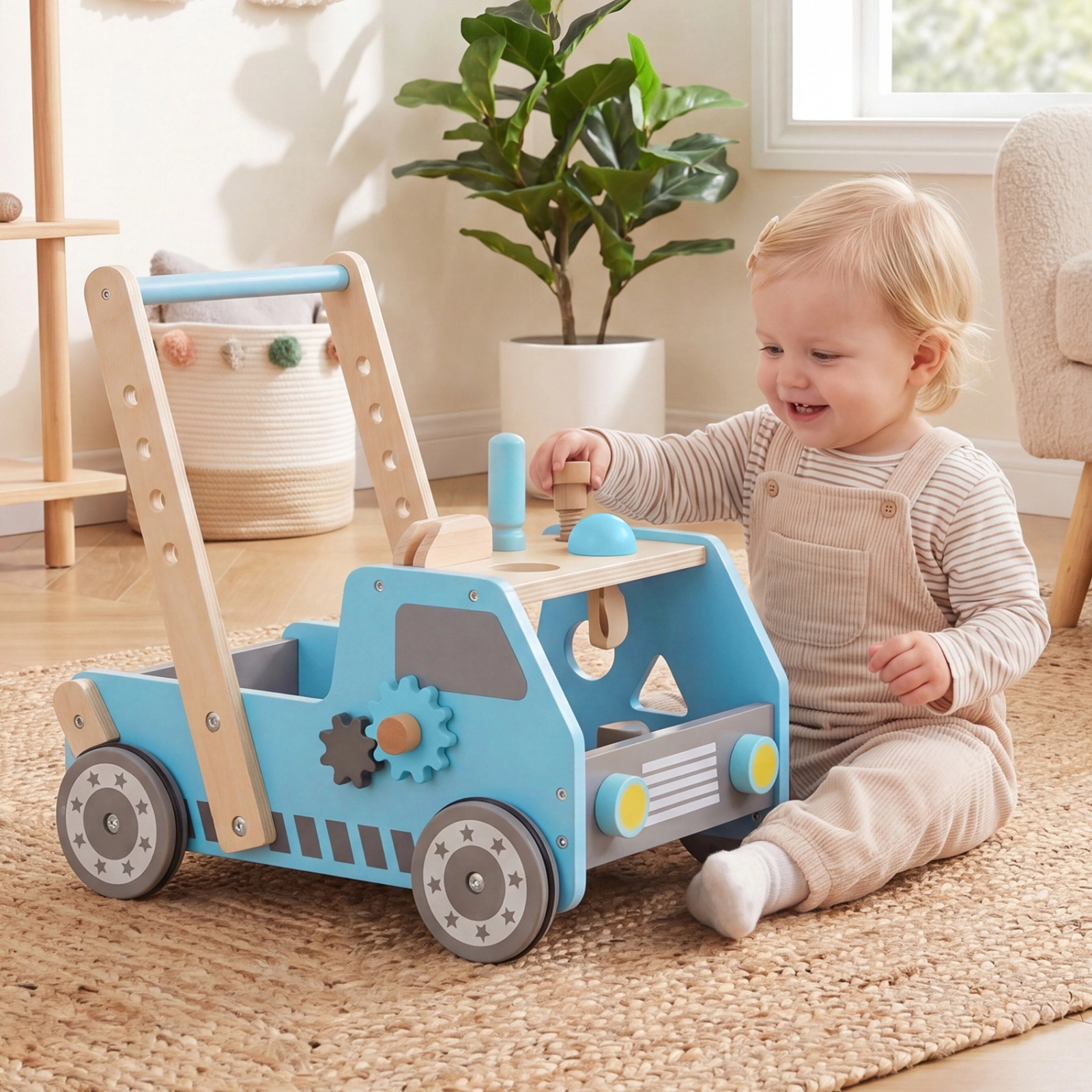 2-in-1 Wooden Kids Tool Bench with Truck Shaped Push Walker 2 Speed Settings and Bottom Toy Storage Blue Workbench