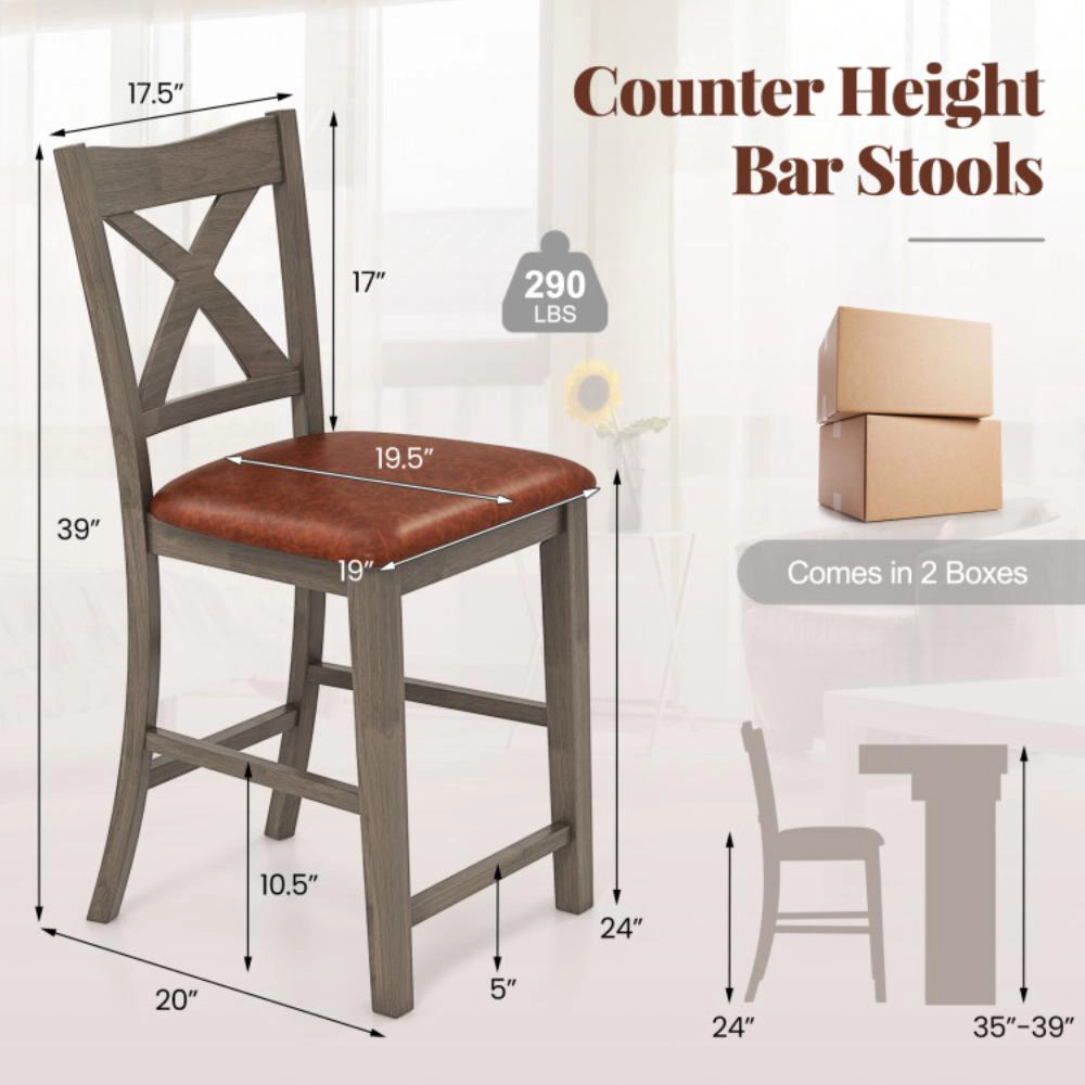 Hivvago Set of 2 Counter Bar Chairs with Cross Back Design and Faux Leather Cushioned Seats