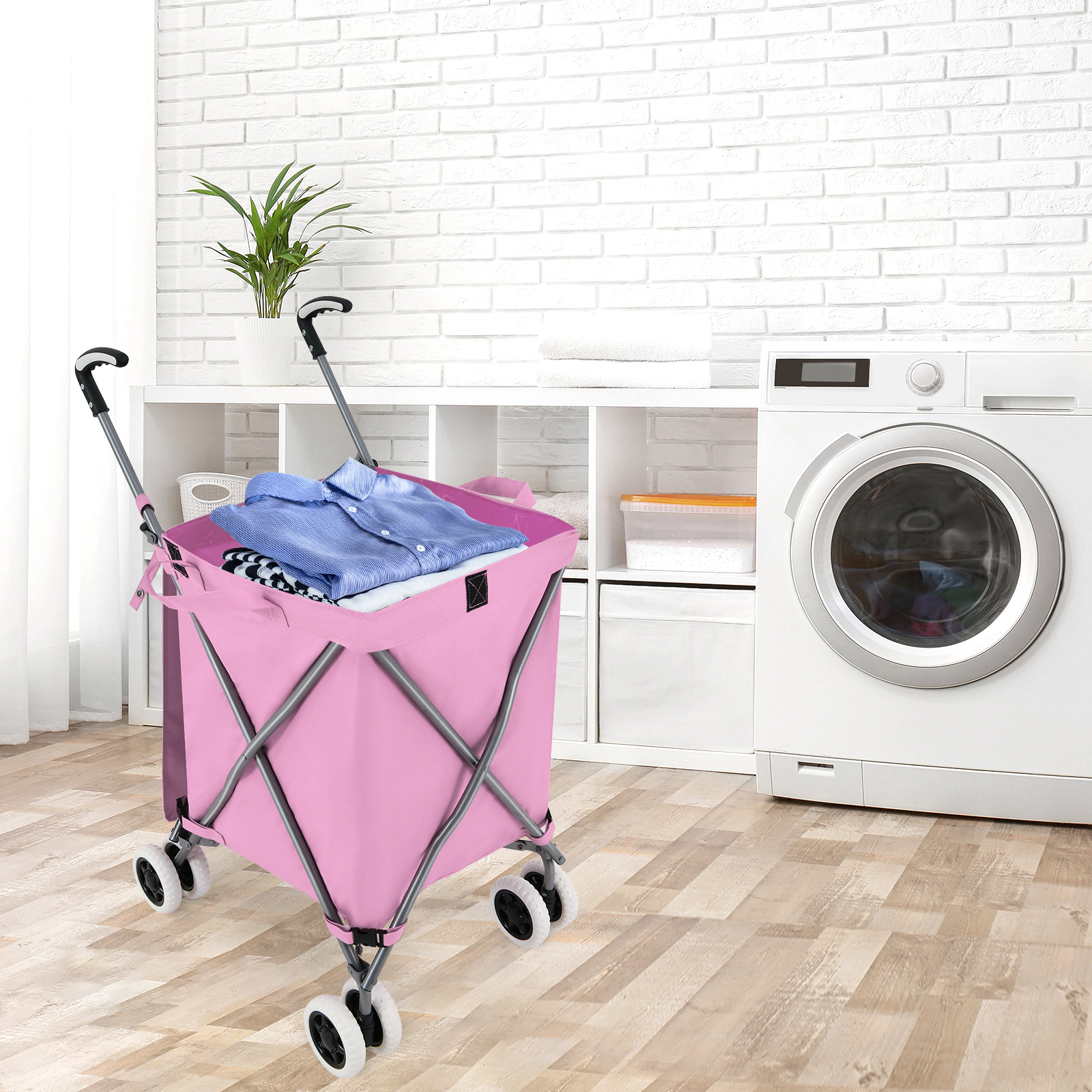 SUGIFT Folding Shopping Utility Cart Pink with Removable Water-Resistant Canvas Bag