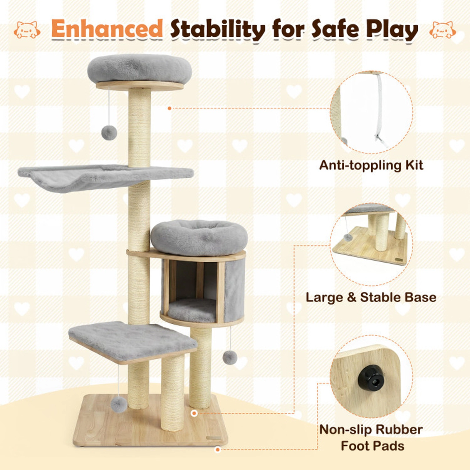 SUGIFT 55-in Solid Rubber Wood Cat Tree with Condo Hammock and Scratching Posts 33-lb Capacity Natural + Gray