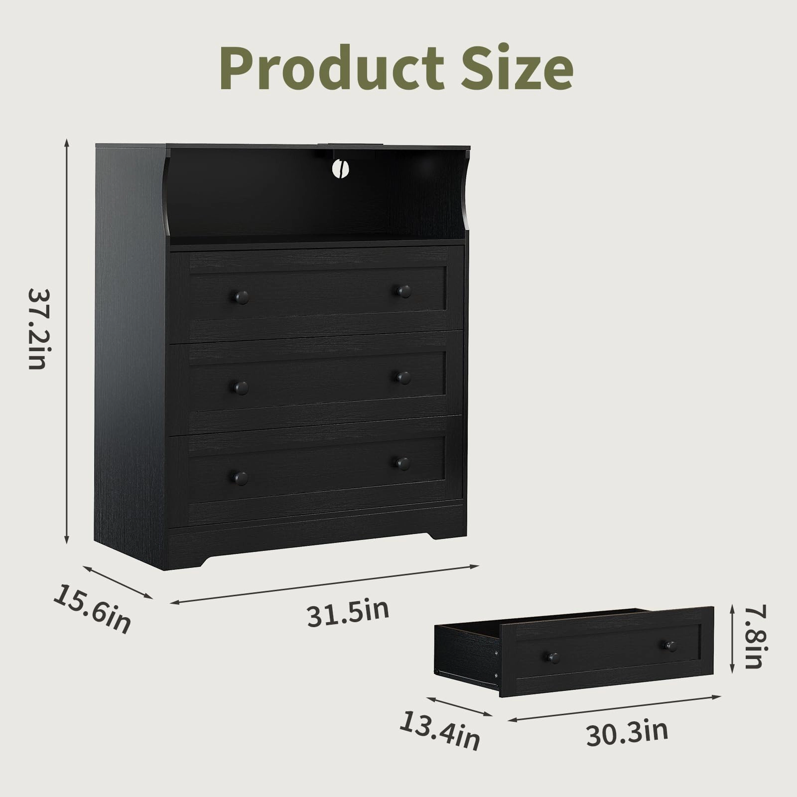 37.2" 3 Drawer Dresser with LED Lights & Charging Station, Wood Storage Chest Open Shelf