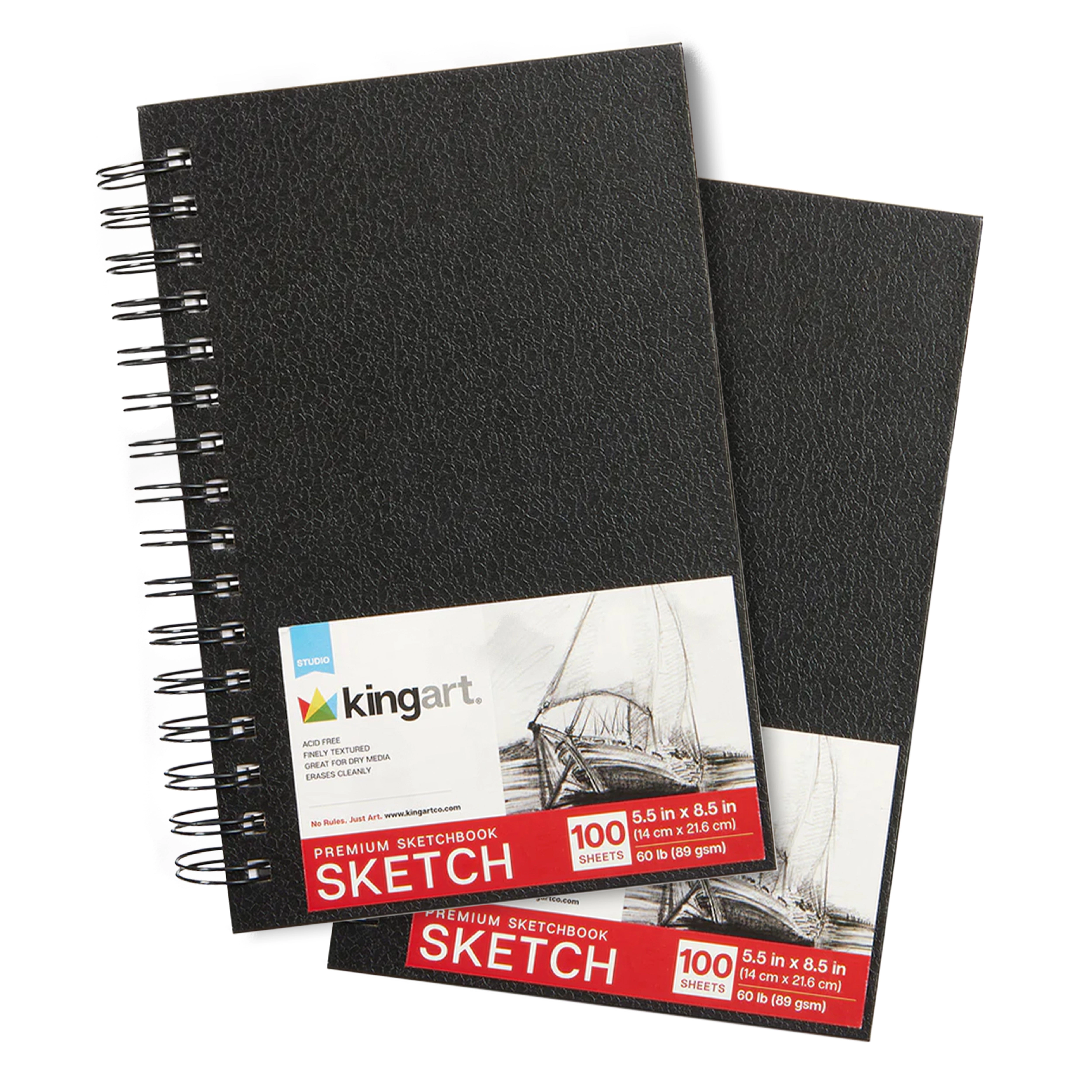 KINGART Hardcover Spiral Sketchbooks 5.5" x 8.5" - 2 Pack - 100 Sheets Each