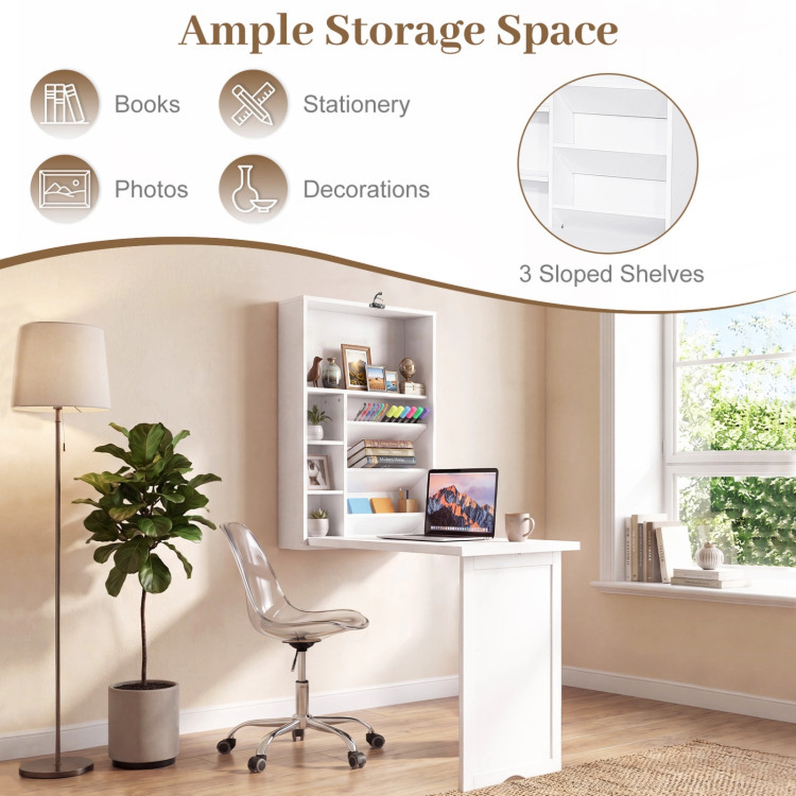 SUGIFT 36-in White Wall Mounted Fold-Out Convertible Floating Desk with Adjustable Shelves and Storage