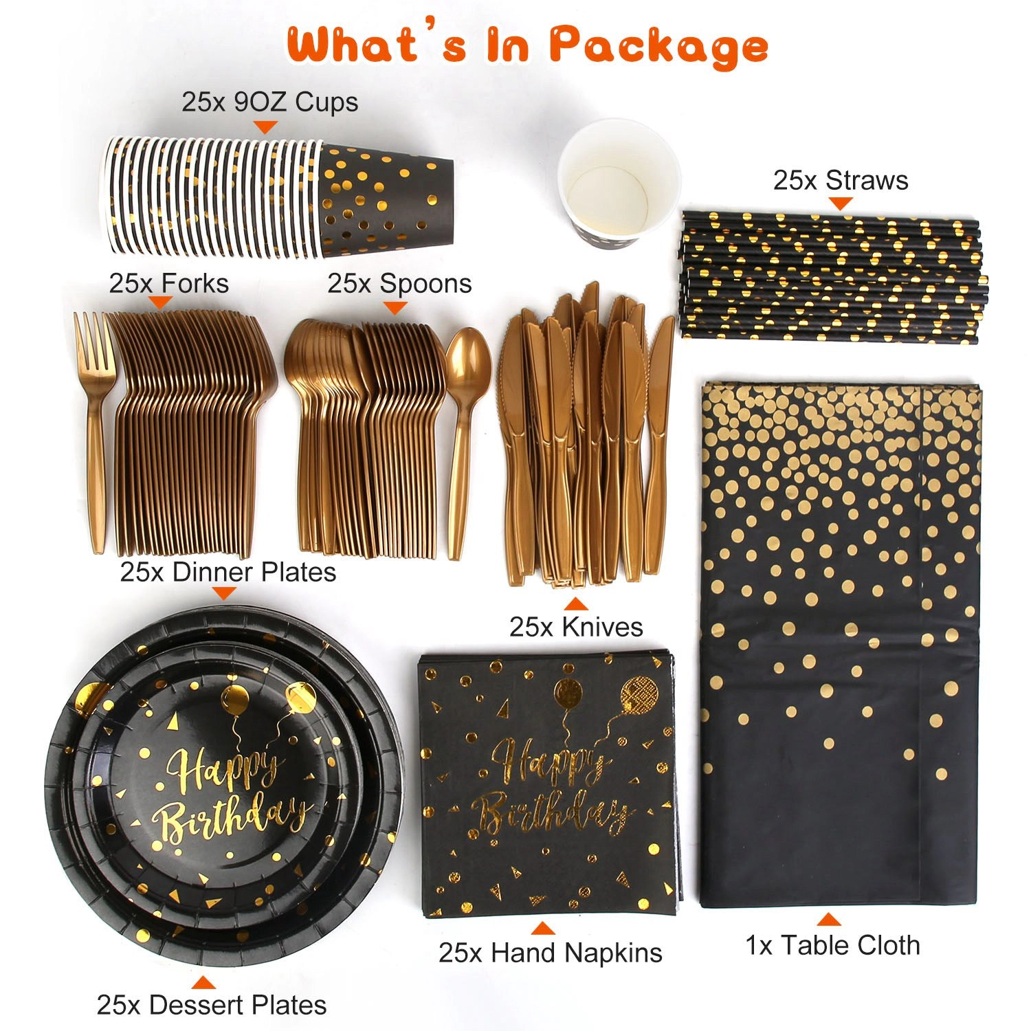 GBruno Black Gold Birthday Party Supplies Set