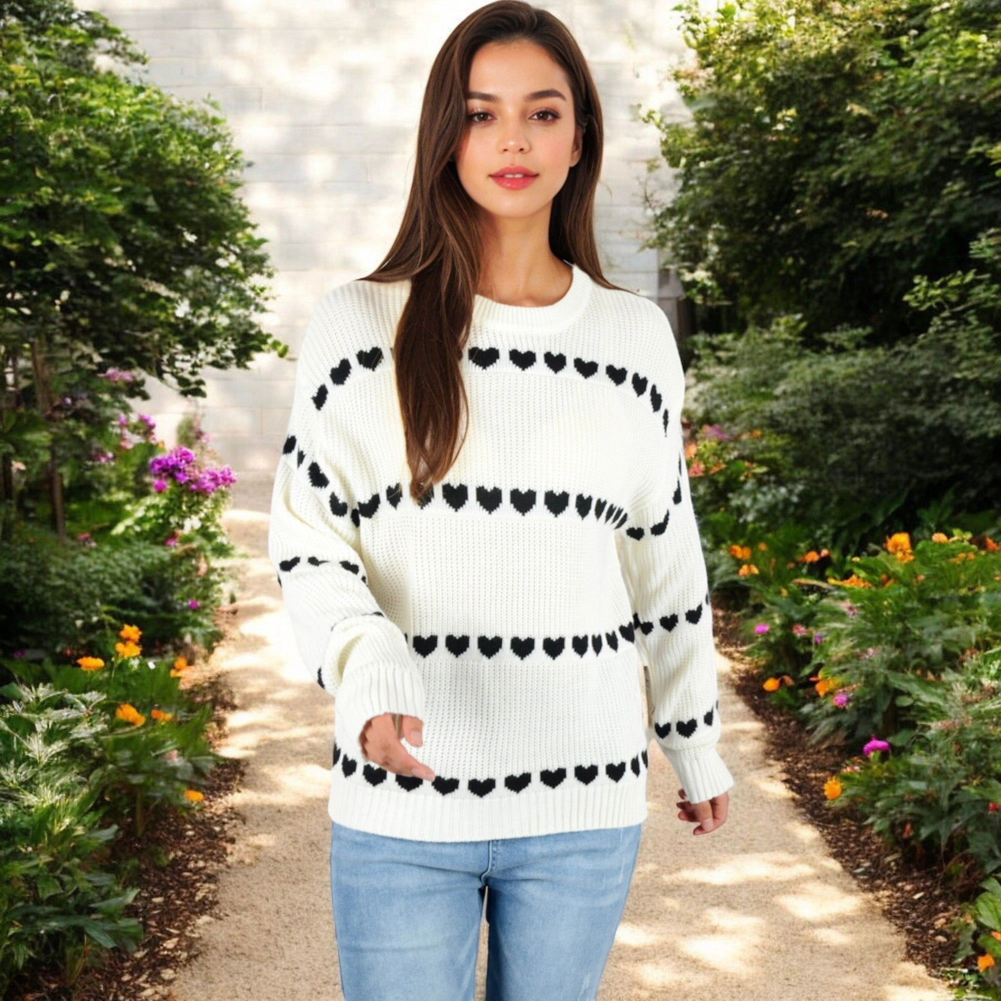 Anna-Kaci Women's Long Sleeve Knit Valentine Sweater with Heart Pattern and Crew Neck