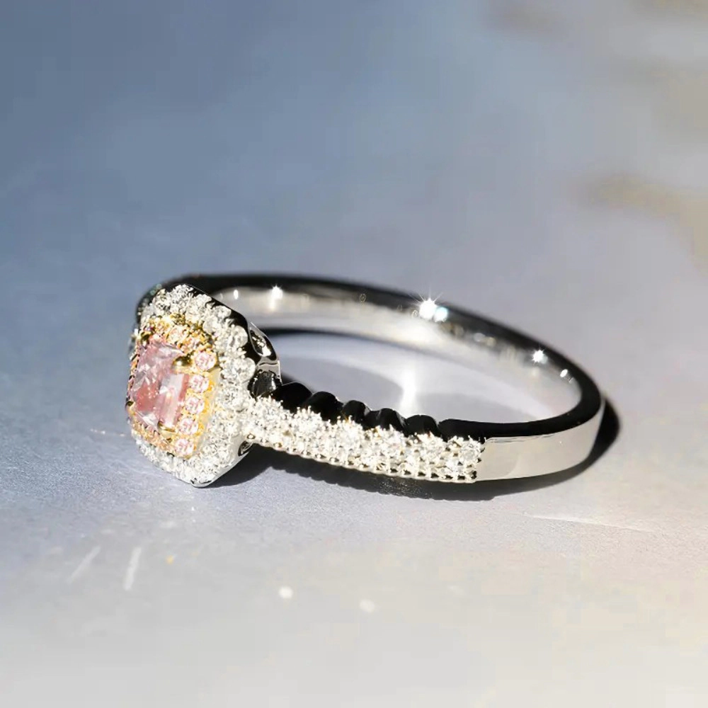Women's Copper Ring with Square Pink Zircon Wedding Anniversary Party Jewelry