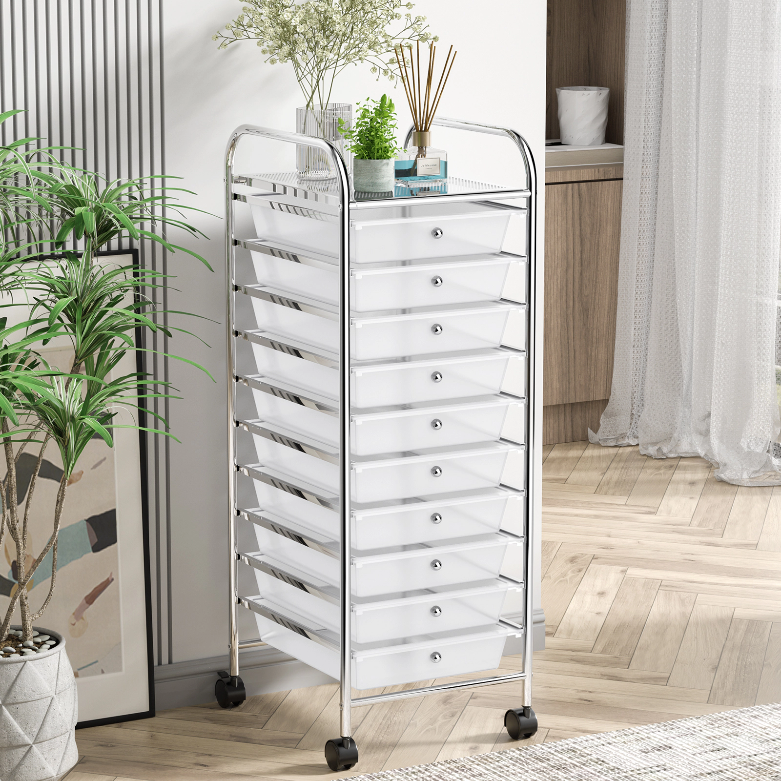 SUGIFT 10-Drawer Rolling Storage Cart Organizer with 3-lb Drawer Capacity Clear