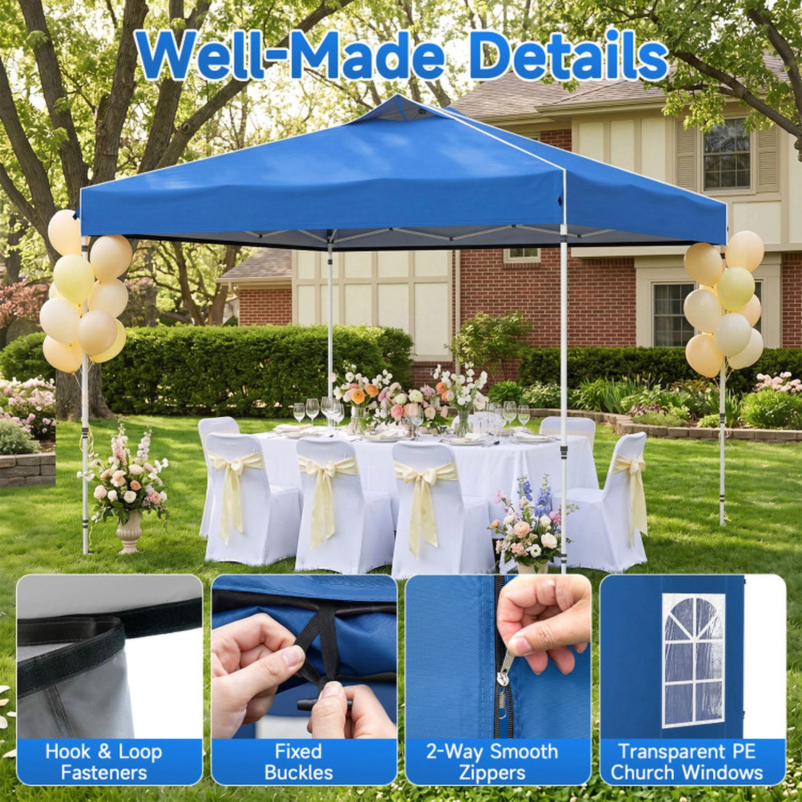 SUGIFT Blue Adjustable Pop Up Canopy Tent with 4 Removable Sidewalls and Carry Bag 10-ft W 10-ft D 8.5-ft H
