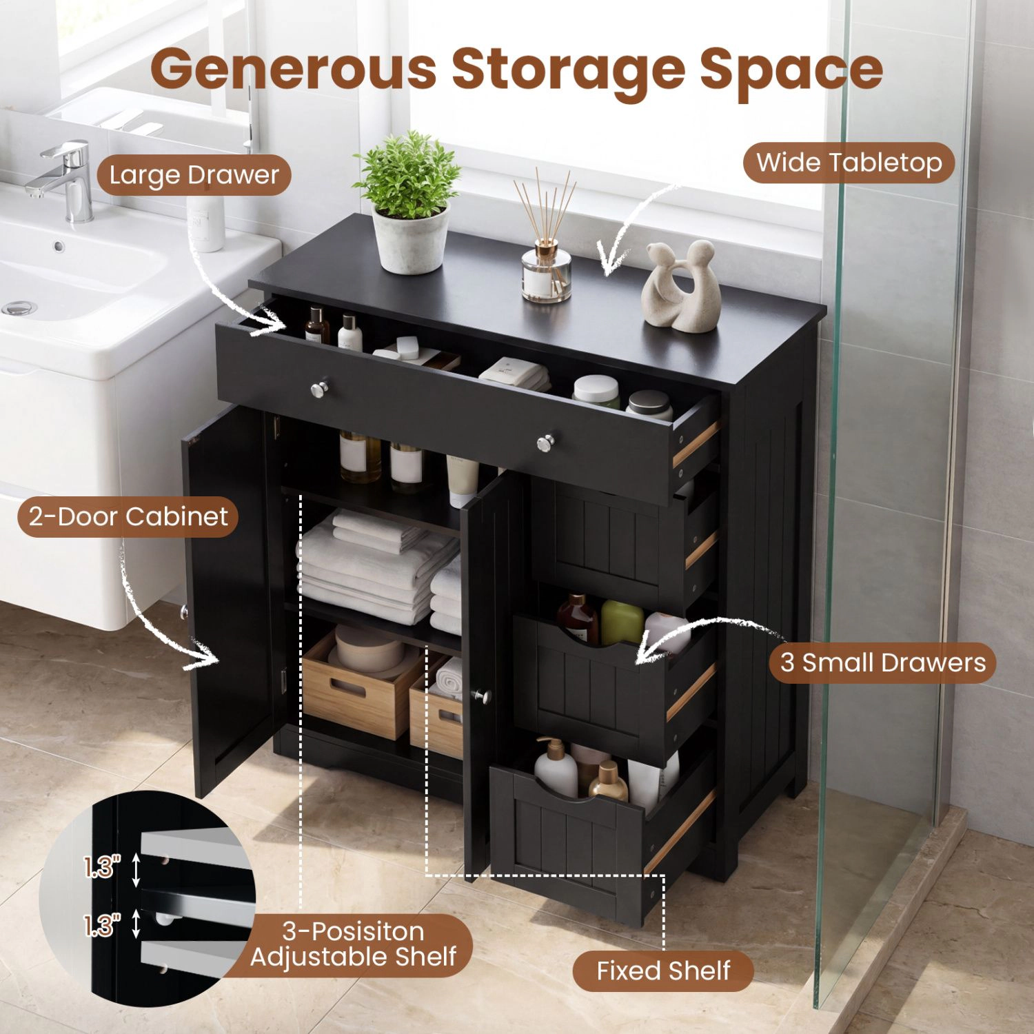 SlickBlue Bathroom Storage Cabinet with Drawers and Double Doors