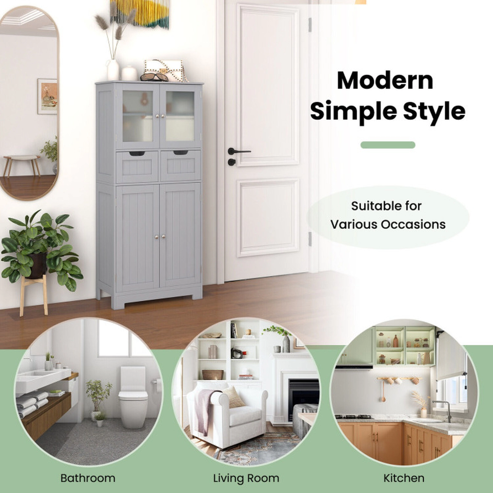SUGIFT Gray 4-Door 44-lb Top Freestanding Bathroom Storage Cabinet with 2 Drawers and Tempered Glass Doors