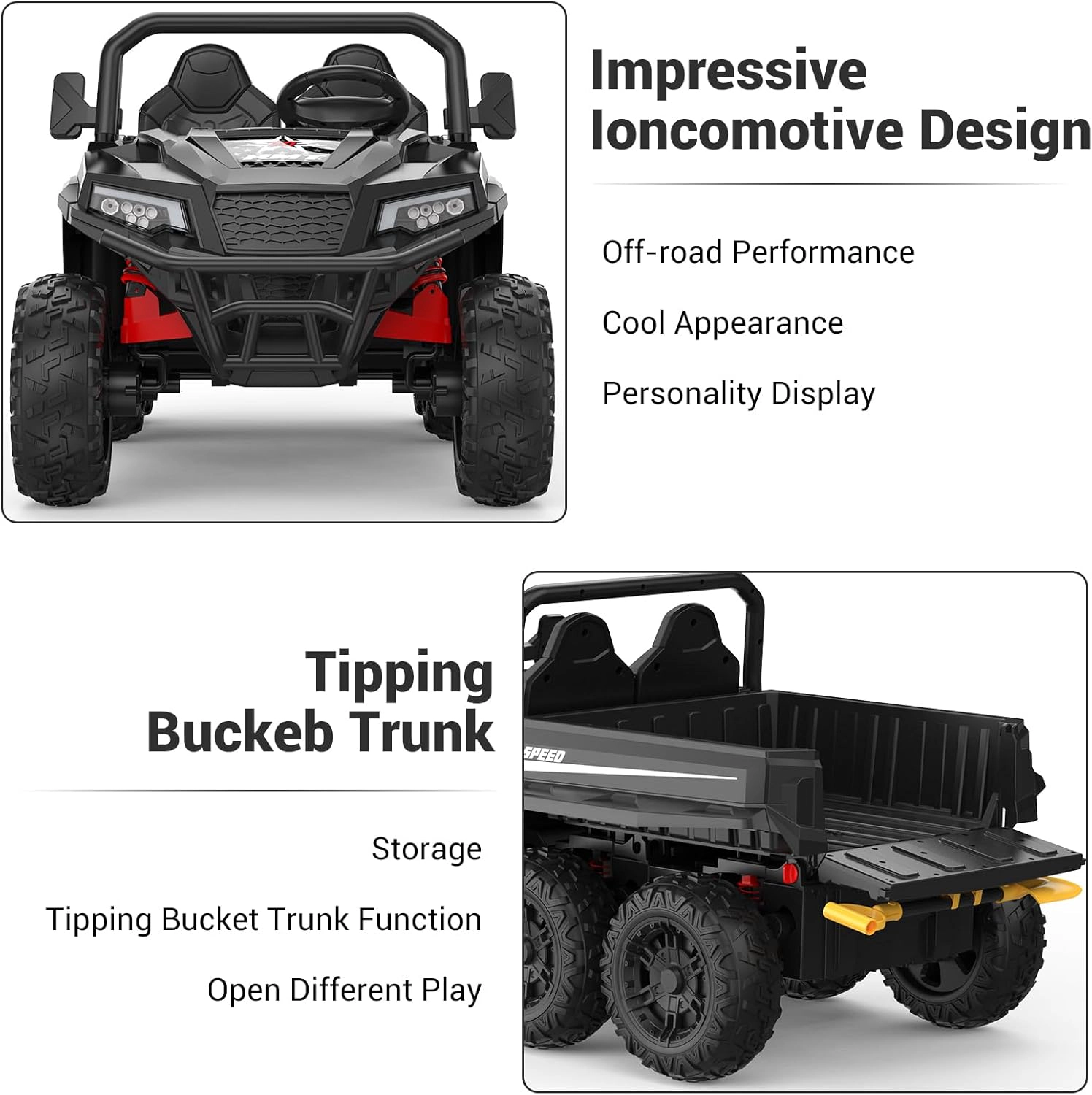 24V 4WD 6-Wheel Kids Electric Dump Truck, 2-Seater, 4×200W Motors, Remote Control, LED Lights, Music, Bed