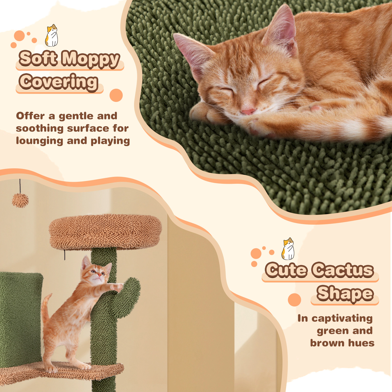 SUGIFT Multi-level Cactus Cat Tree with Scratching Posts Ladder Double Condos and Toys Bed 33-lb Capacity Green + Brown