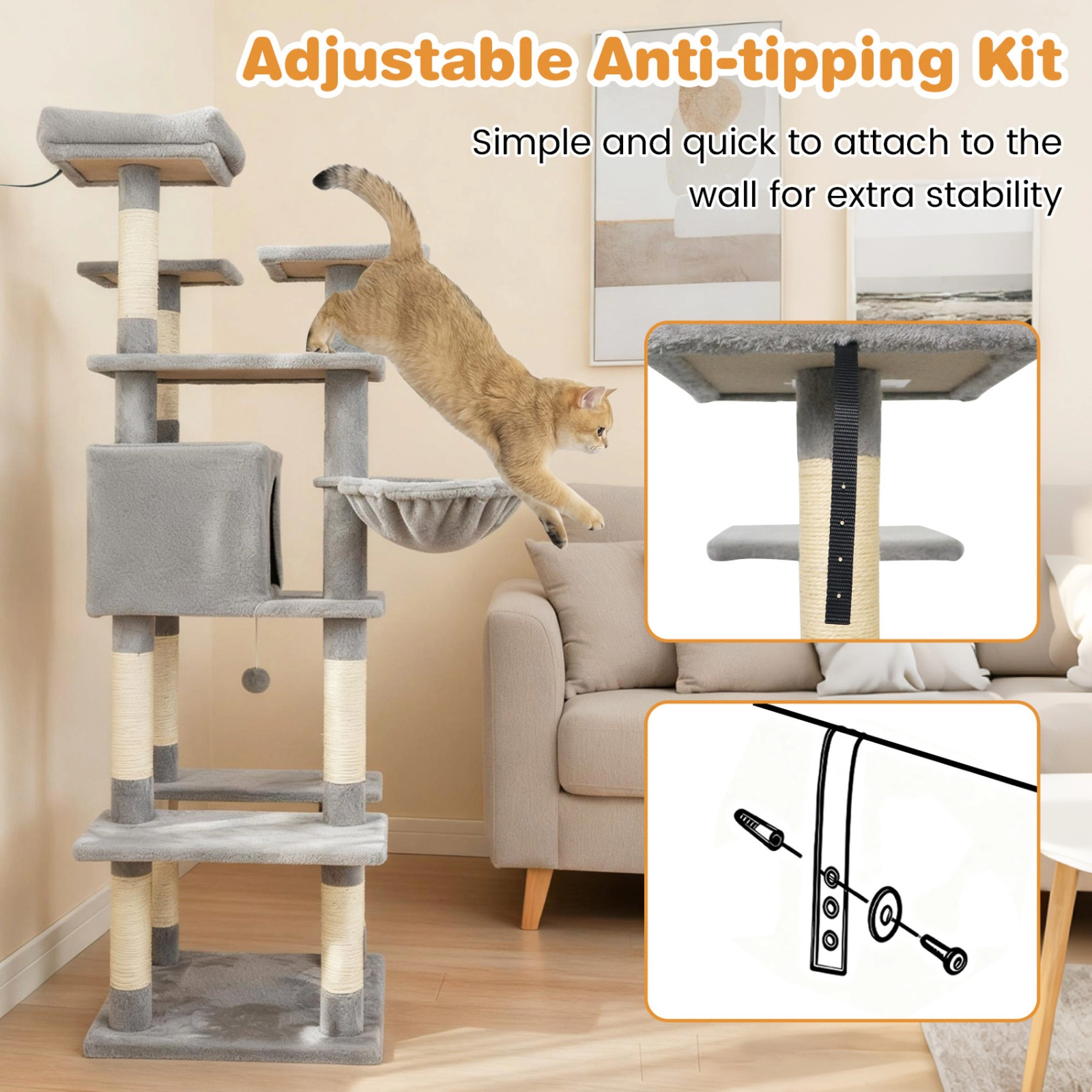 SUGIFT 63-in Light Gray Large Cat Tree for Indoor Cats with Hammock Rotating Basket Bed and Anti-Tip Kit