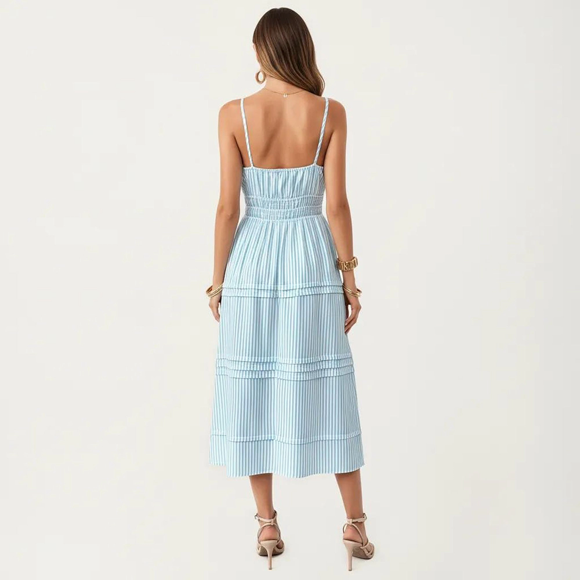 Anna-Kaci Women's Sleeveless Striped Adjustable Straps Smocked Waist Button Front Tiered Skirt Midi Dress