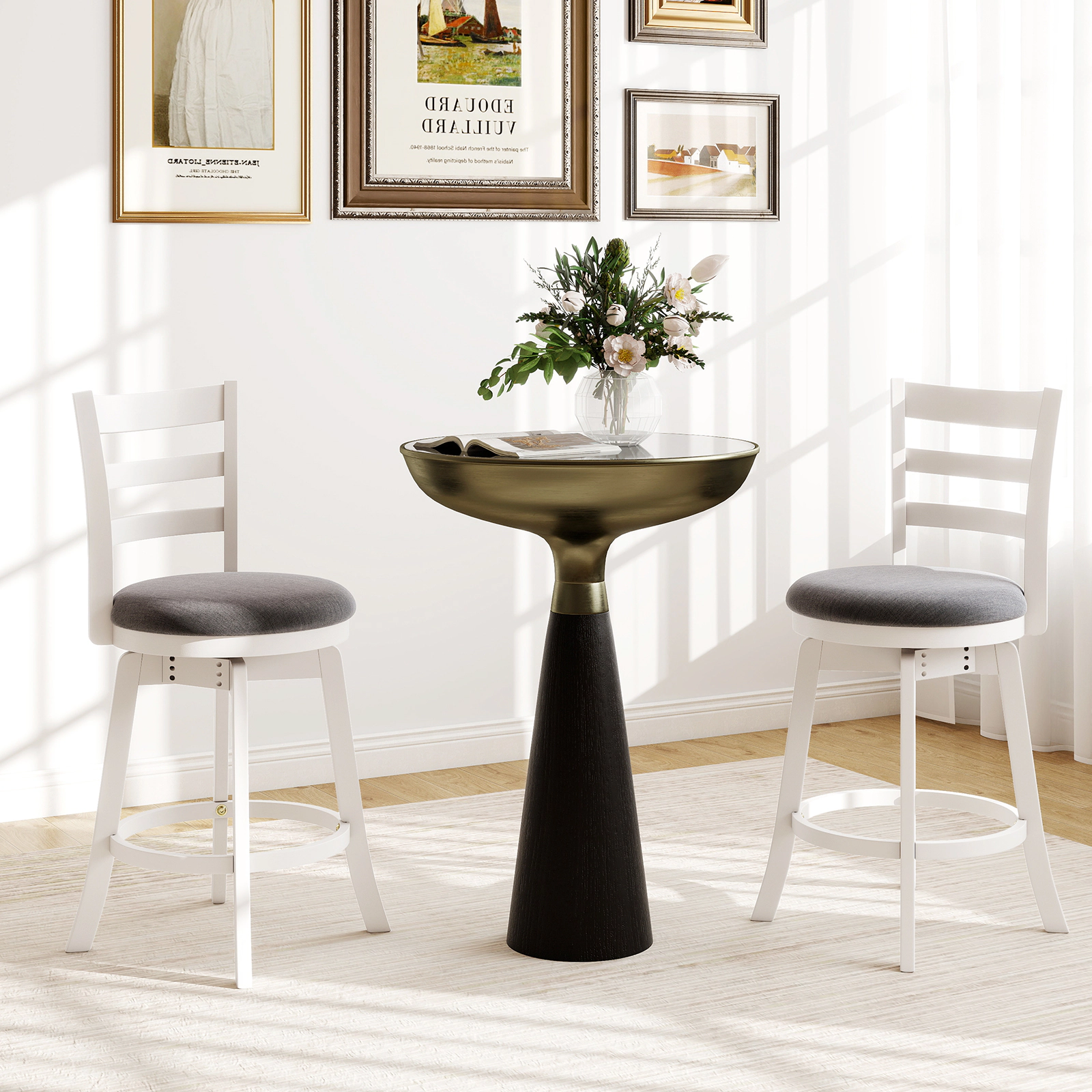 SUGIFT 25"/30.5" Swivel Barstools Set of 2 360° Rotating Bar/Counter Height Chairs 350-lb Capacity Olive White + Silver
