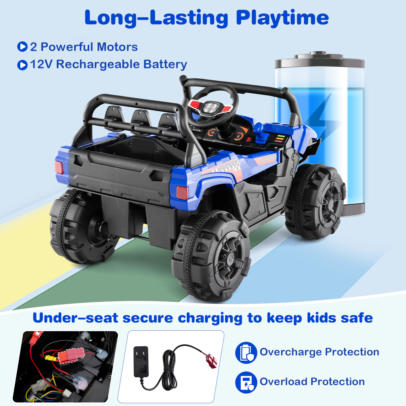 12V Kids Ride On Car Blue Electric Vehicle Parent Remote 3 Speeds Rear Storage Learning Sounds LED Lights Ages 3+