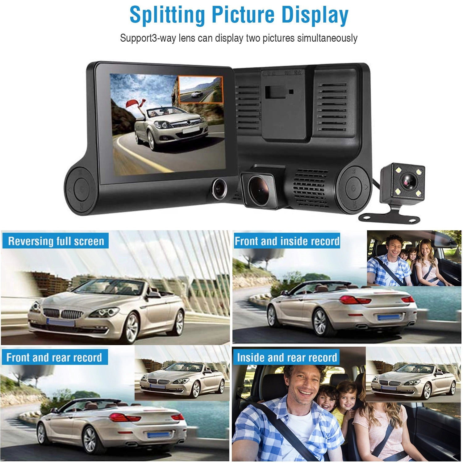 GBruno 4 Inch 3-Lens 1296P Car Dash Camera
