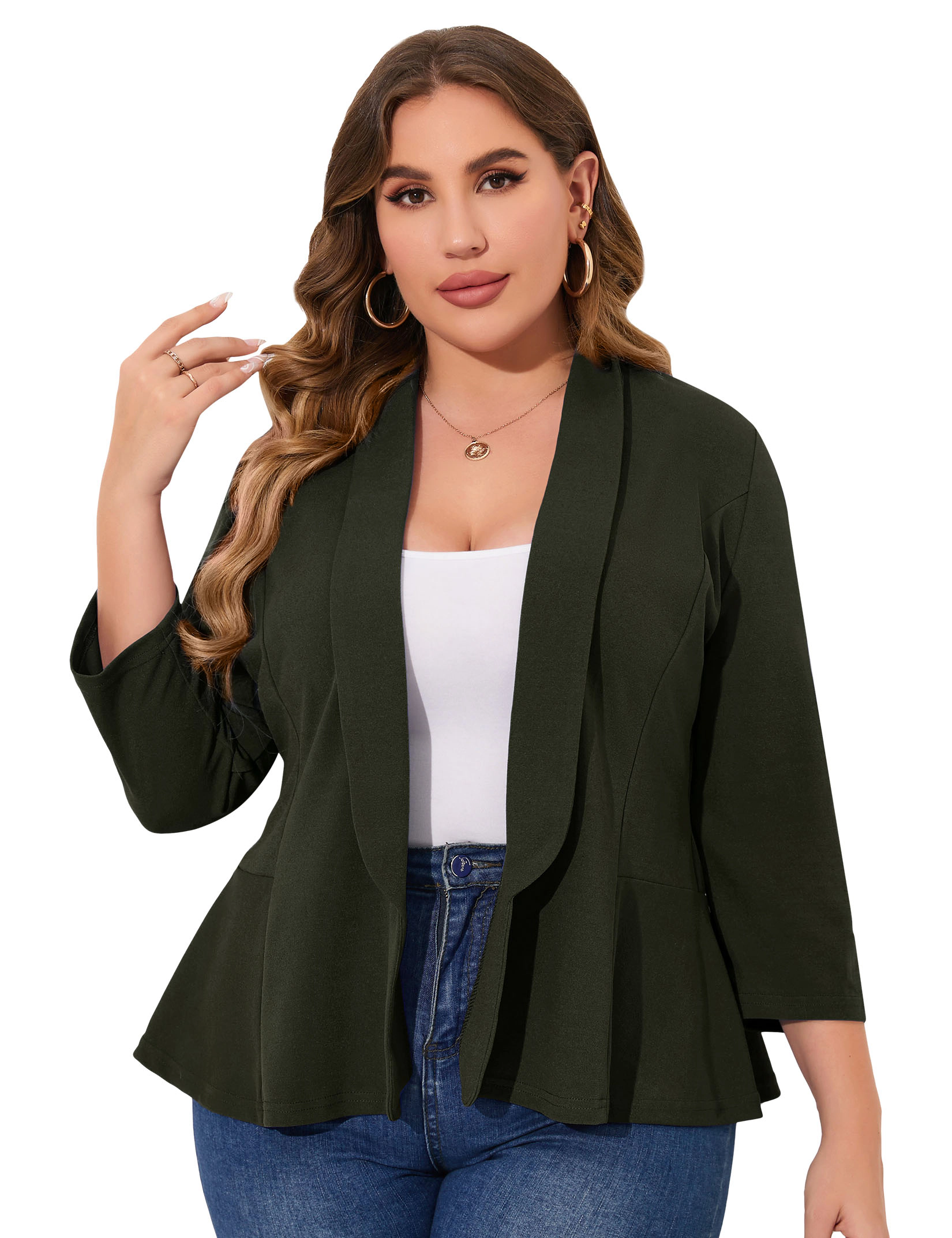 KOJOOIN Womens Blazer Plus Peplum, 3/4 Sleeve Lapel Open Front Lightweight Casual Work Jacket
