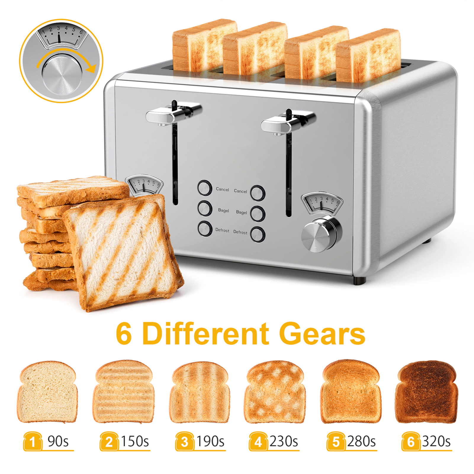 WHALL 4 Slice Stainless Steel Toaster with Dual Control Panels, 6 Shade Settings & Bagel Setting