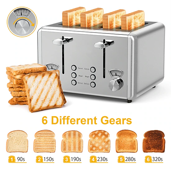 WHALL 4 Slice Stainless Steel Toaster with Dual Control Panels, 6 Shade Settings & Bagel Setting