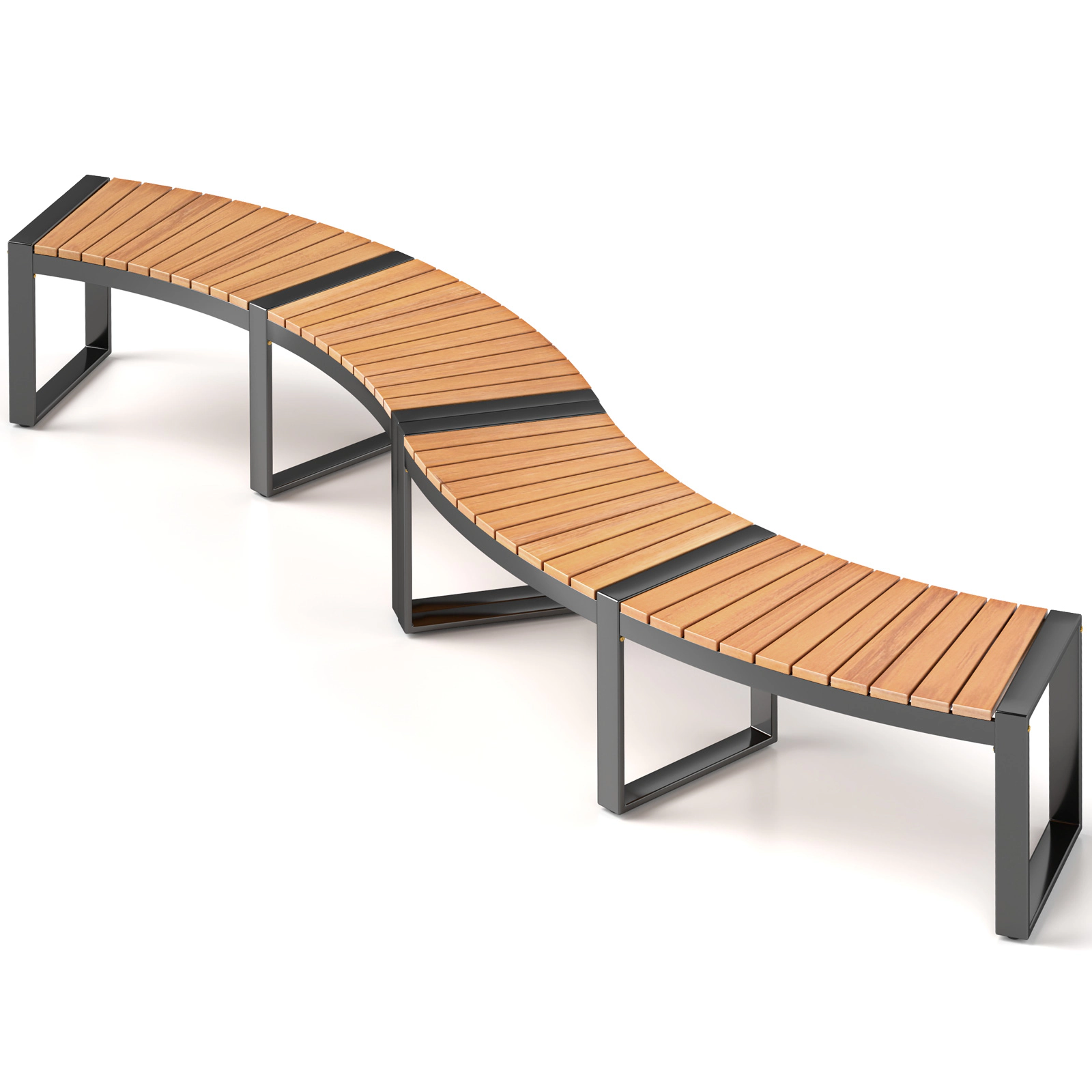 SUGIFT Curved Acacia Wood Patio Bench with Slatted Seat and Metal Legs 800-Lb Capacity Yellow Black
