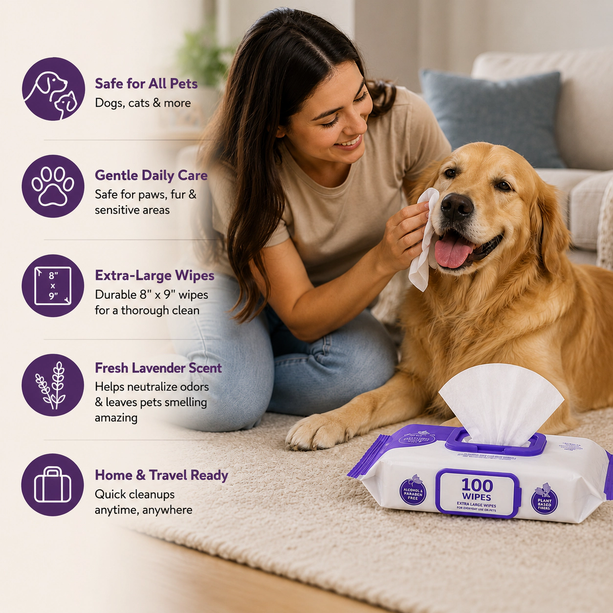 Pursonic Pet Care Lavender Scented Cleaning Wipes for Dogs & Cats, Extra Large Pet Wipes 12 Packs (1200 Count)