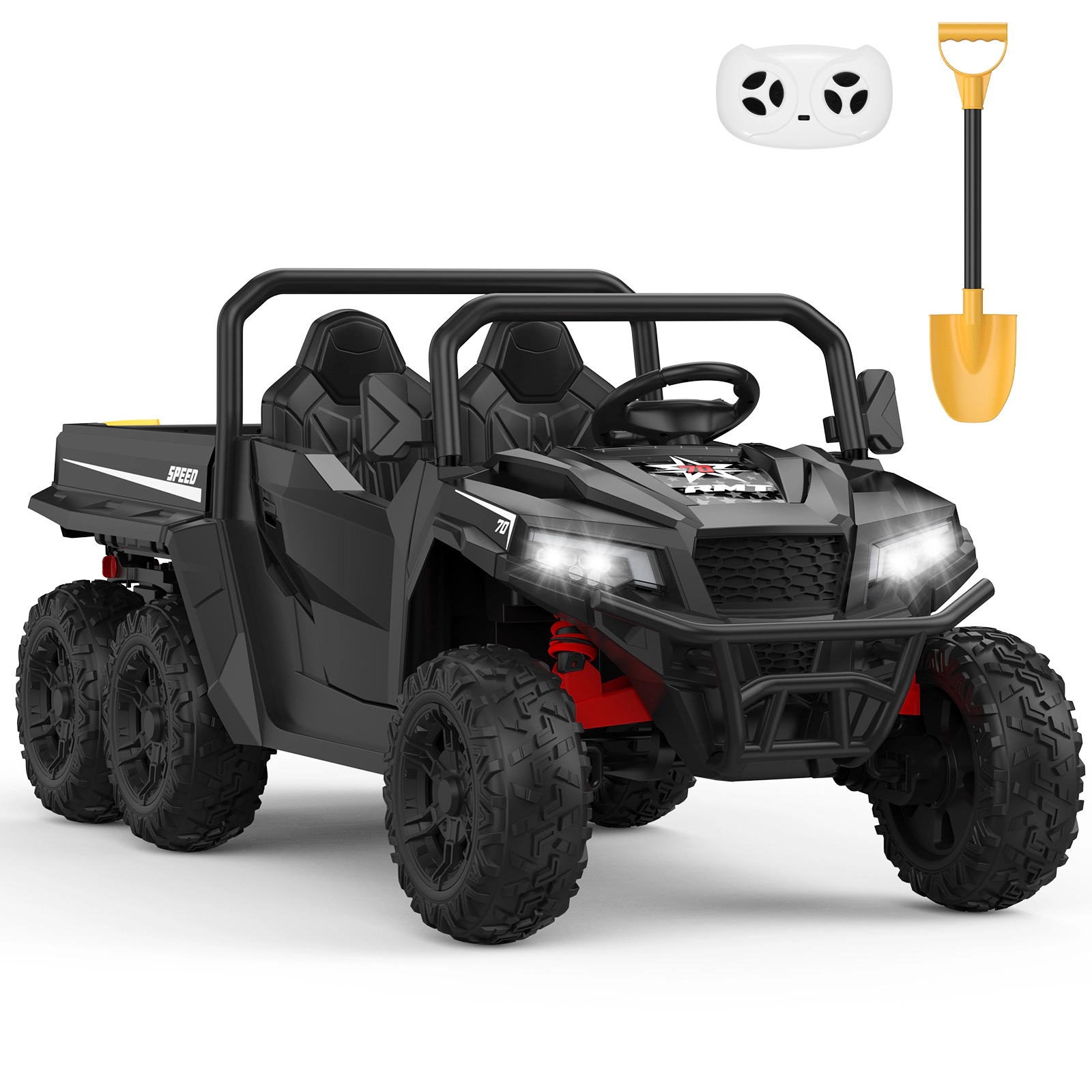 24V 4WD 6-Wheel Kids Electric Dump Truck, 2-Seater, 4×200W Motors, Remote Control, LED Lights, Music, Bed