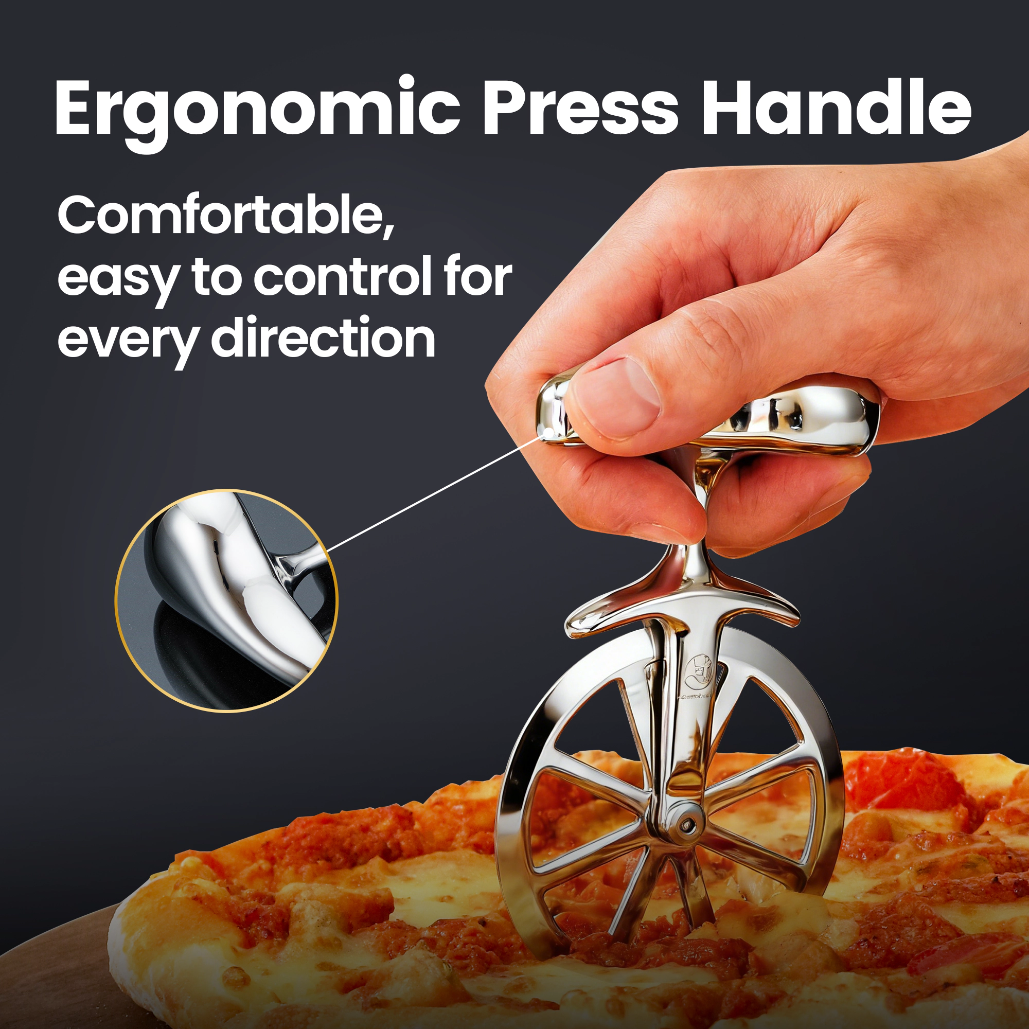 Gourmet Easy Pizza Cutter, Stainless Steel Ultra Sharp Pastry Cutter, No-Wobble, Easy to Clean