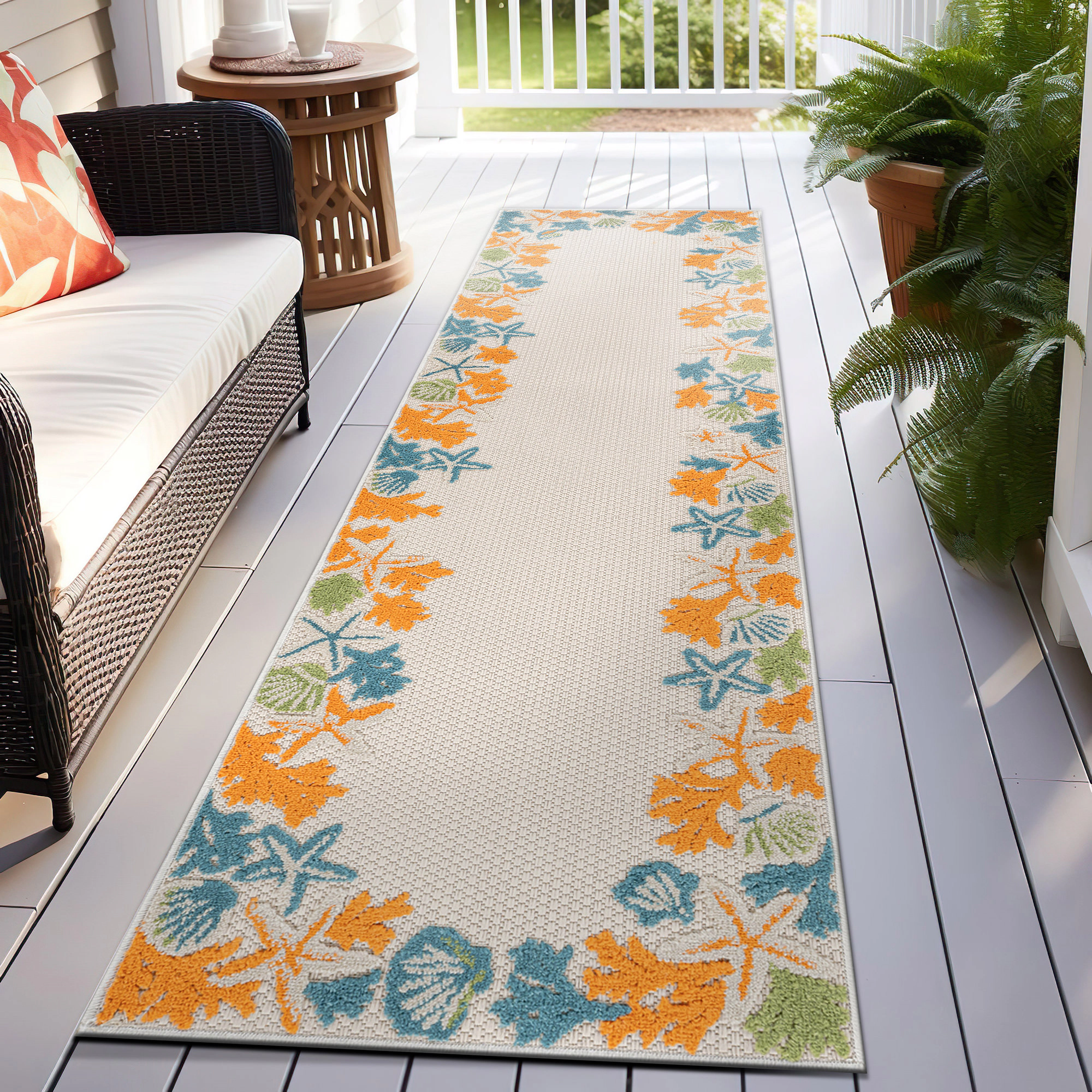 World Rug Gallery Indoor/Outdoor High-Low Textured Area Rug, Coastal Border Ivory/Multi, Easy-Clean Patio