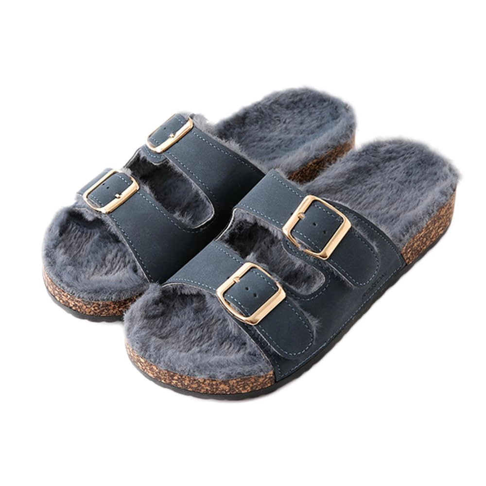 Roxoni Women’s Feather-Embellished Open-Toe Slippers with Adjustable Buckles