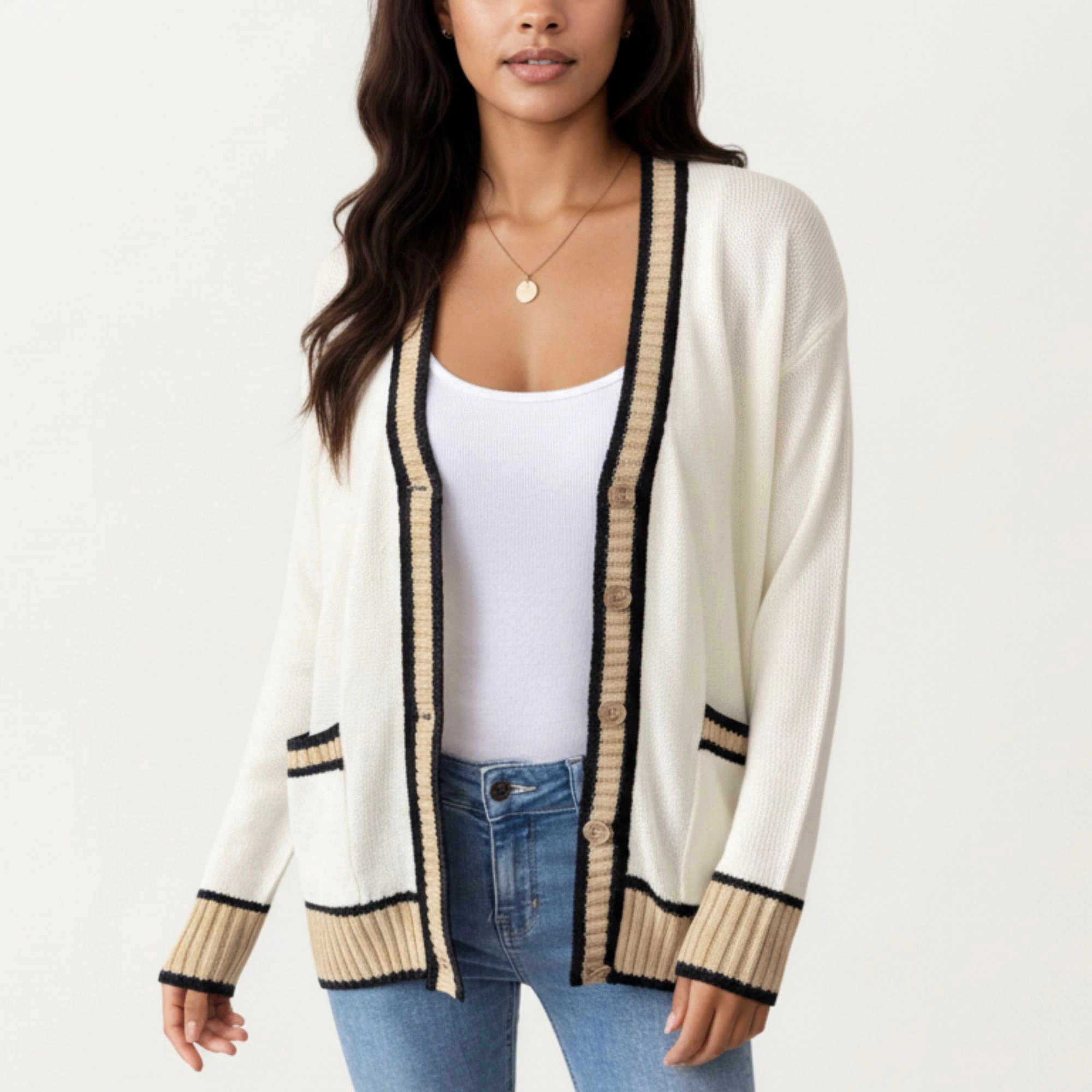 Anna-Kaci Women's Long Sleeve Button Front Cardigan Top with Contrast Ribbed Trim and Relaxed Fit Open Front Silhouette