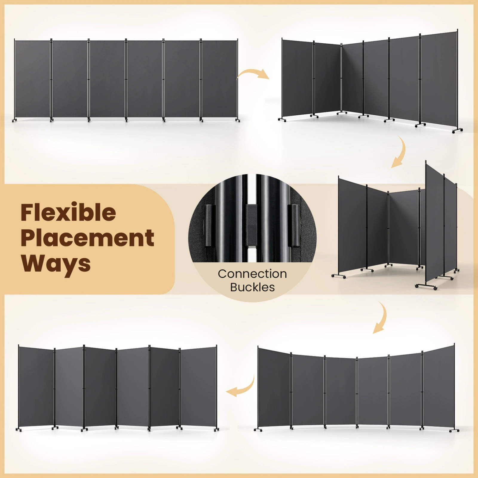 SUGIFT 6-Panel 205-in Wide Folding Privacy Screen Room Divider on Universal Wheels with 65.5-in Panels