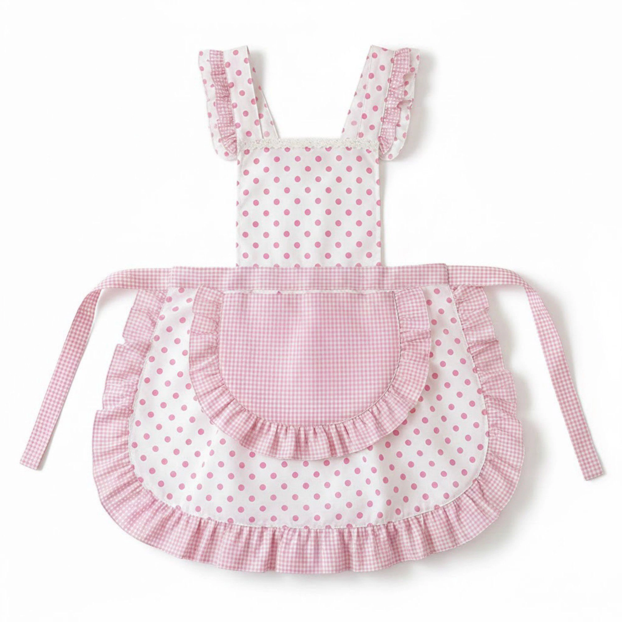 Alilang Unisex Polka Dot Gingham Ruffle Trim Kitchen Apron with Adjustable Straps and Front Pocket
