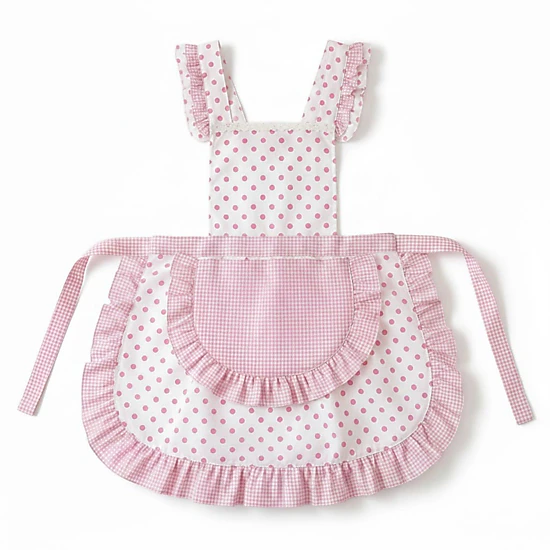 Alilang Unisex Polka Dot Gingham Ruffle Trim Kitchen Apron with Adjustable Straps and Front Pocket
