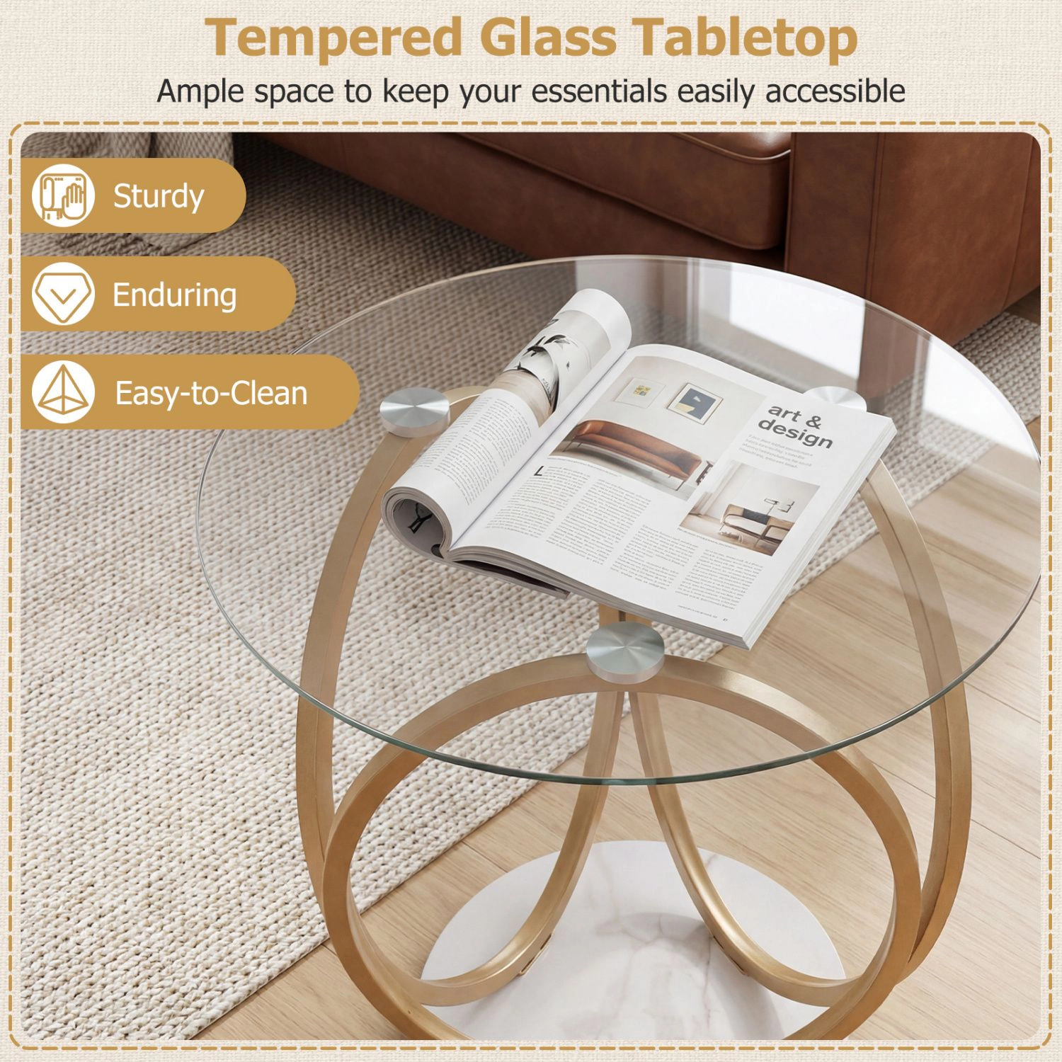 SlickBlue Tempered Glass Nightstand with Gold Metal Frame