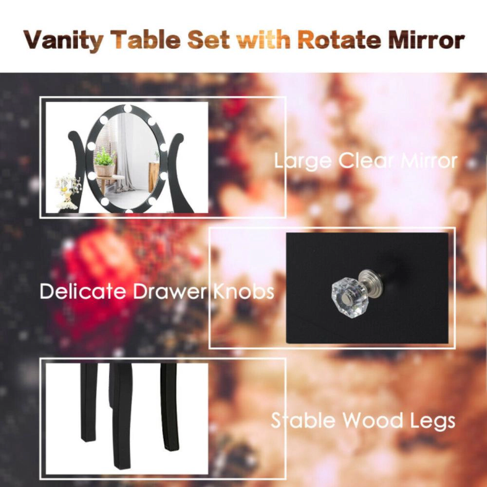 Hivvago 10 Dimmable Lights Vanity Table Set With Lighted Mirror And Cushioned Stool