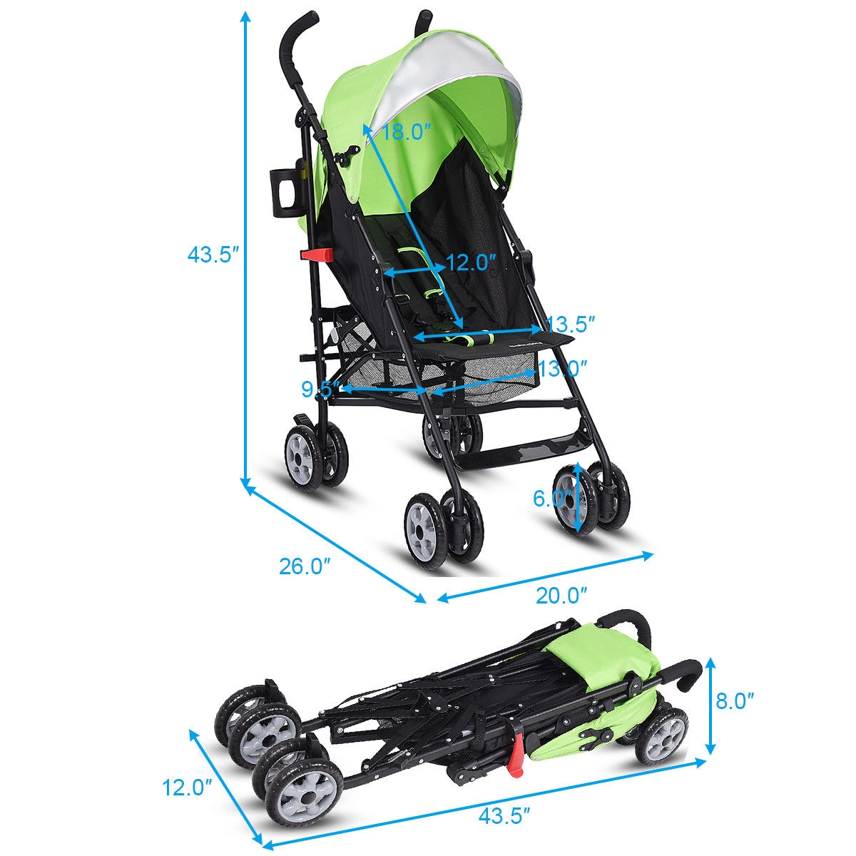 SUGIFT Baby Green Folding Umbrella Stroller with Storage Basket 26-in W 20-in D 43.5-in H 33-lb Seat Capacity