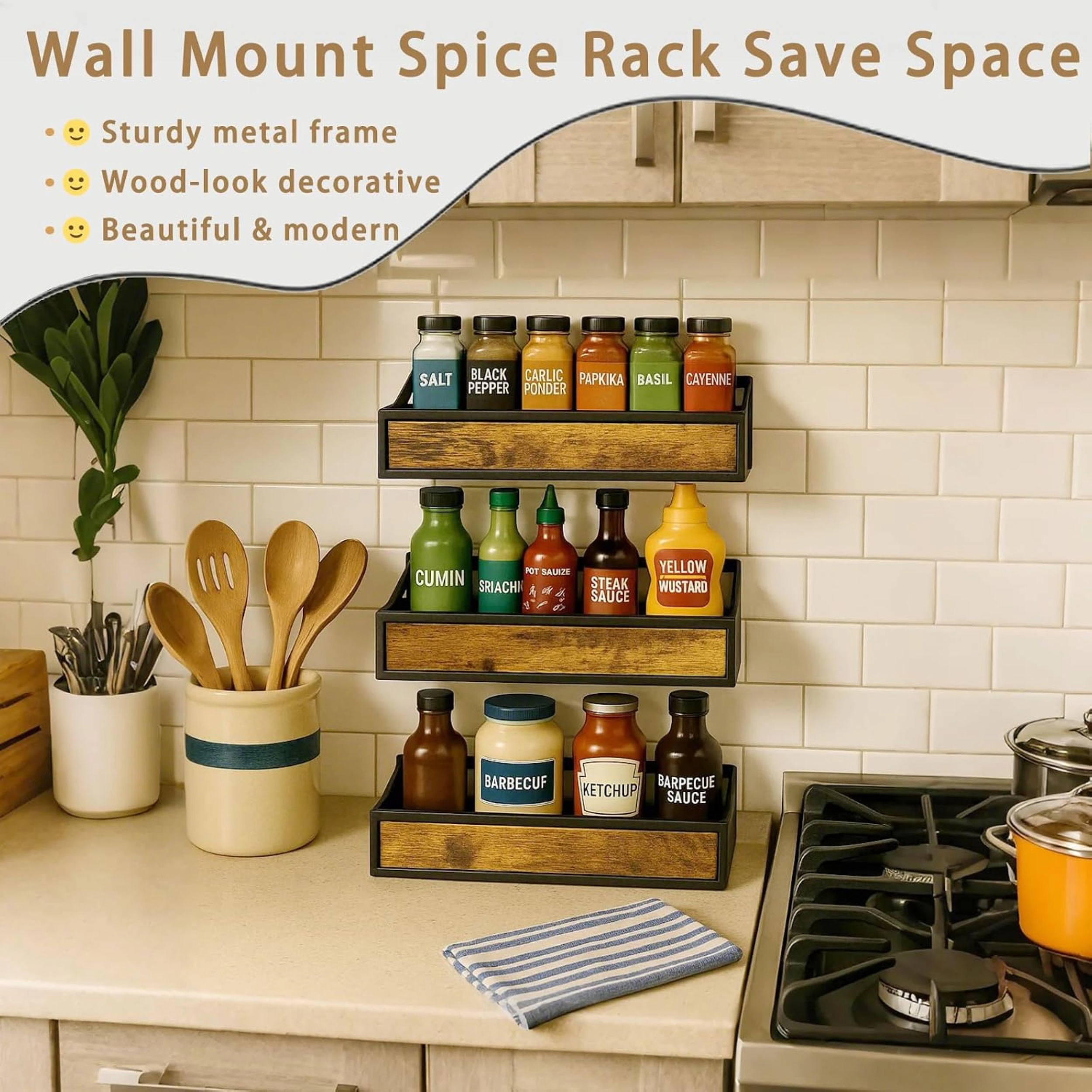 Stock Preferred Pack of 6 Ironwood Wall Mounted Spice Rack Organizer