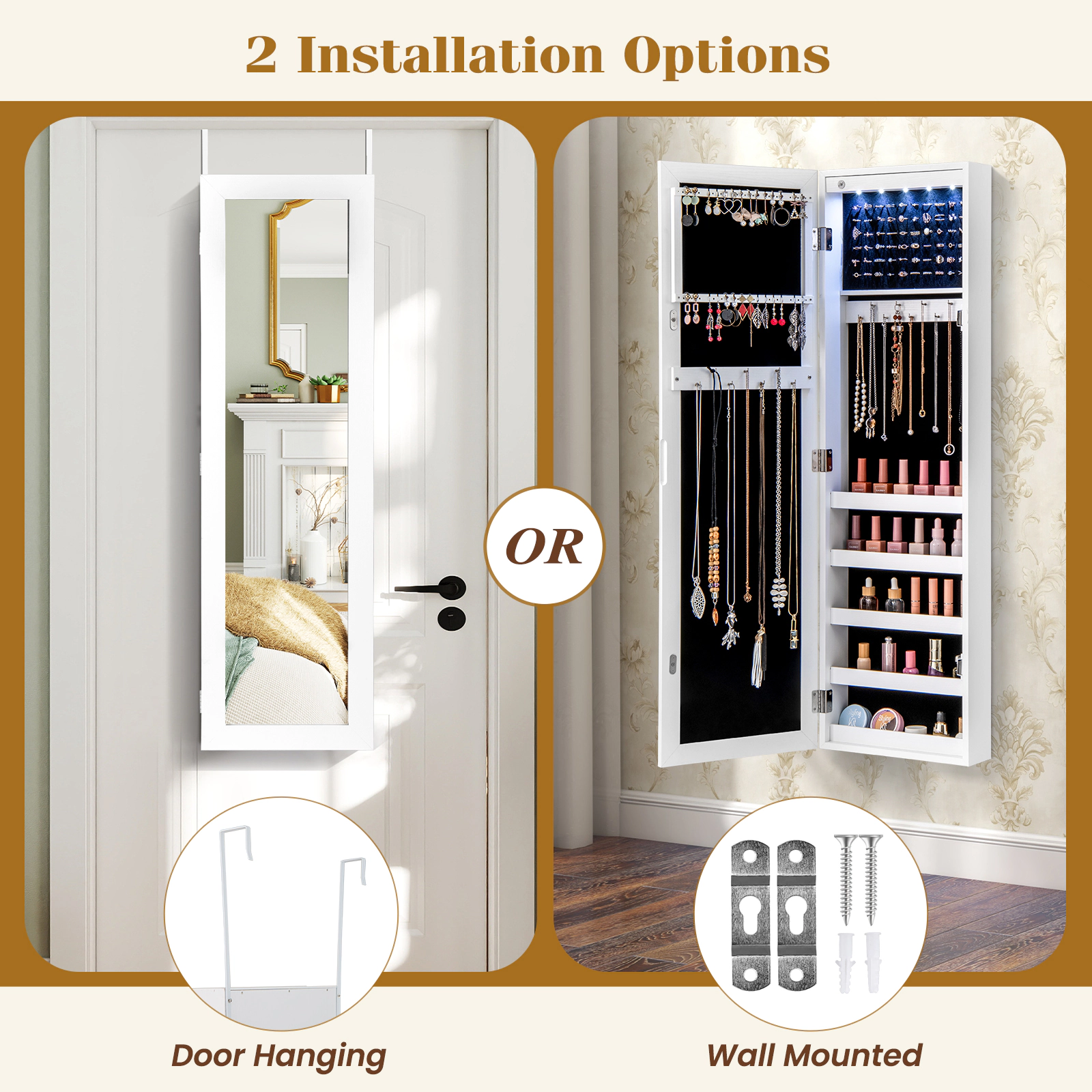 Slickblue 42 Inch Wall or Door Mounted Mirrored Jewelry Cabinet with LED Lights and Storage Shelves
