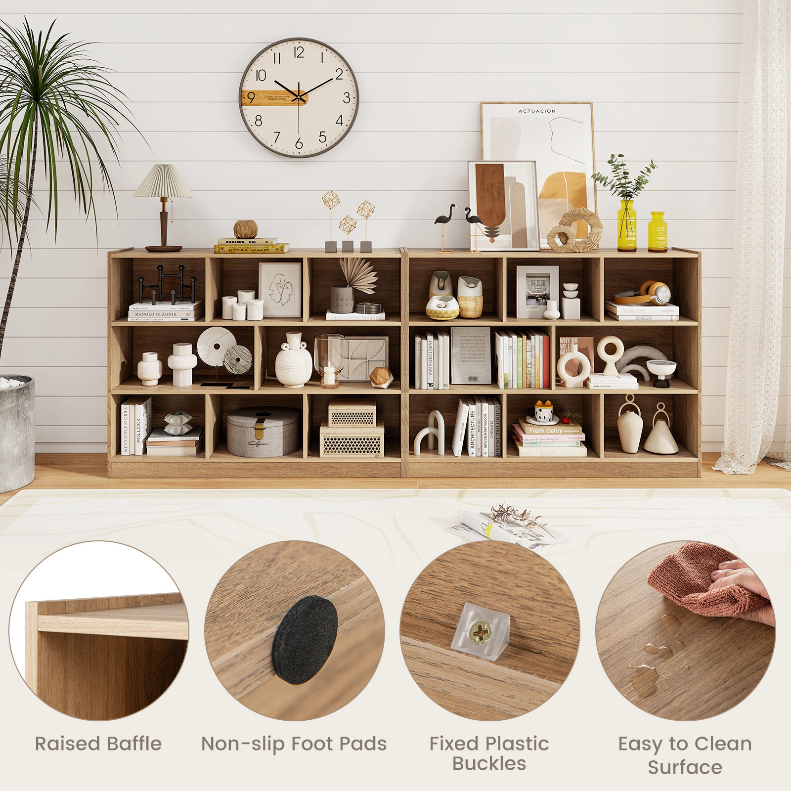 SUGIFT 8-Cube Natural 48-in Wide 3-Tier Cube Storage Organizer Bookshelf with Raised Top Edge and 132-lb Top