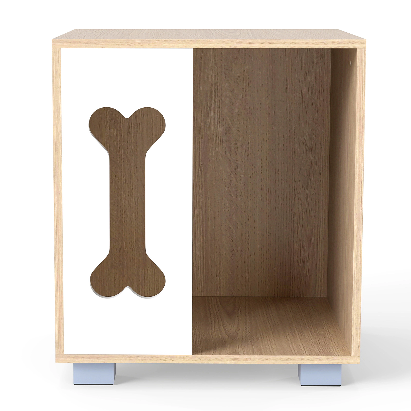 SUGIFT Wooden Cat House Side Table with Bone Shape Window Thick Metal Legs and 22-lb Tabletop for Cats